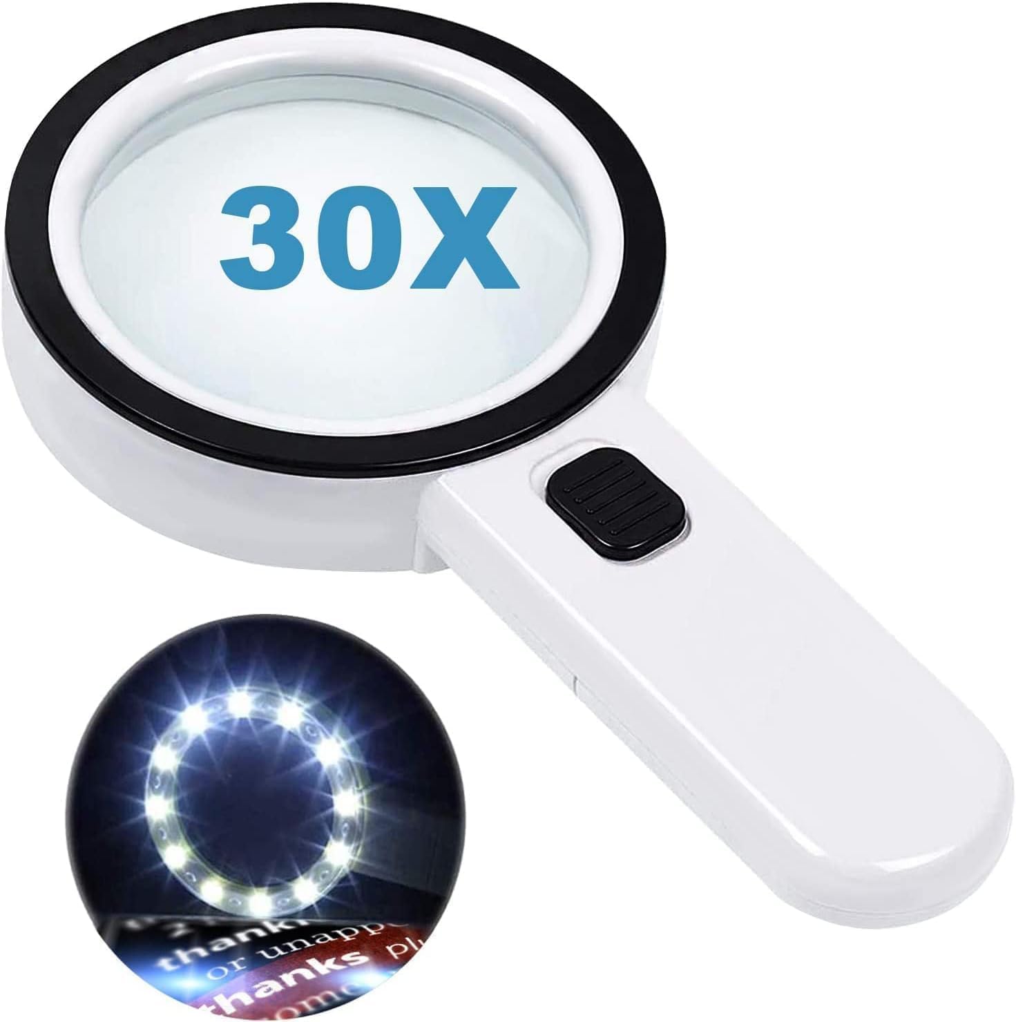 Lupa do czytania z 12 diodami LED, podwójną soczewką szklaną i 30-krotnym powiększeniem, umożliwiająca łatwe czytanie monet, znaczków i innych dokumen