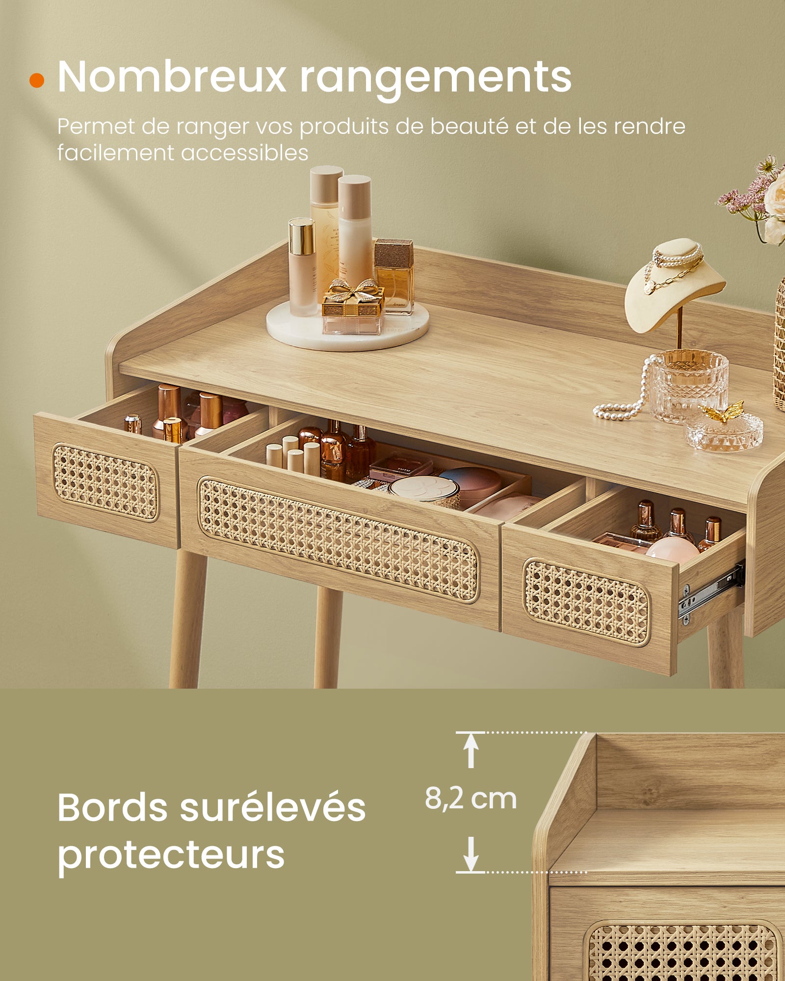 Coiffeuse avec Miroir et Lumière, 3 Tiroirs Imitation Rotin, Lumière Réglable avec 3 Nuances de Couleur, Style Bohème, Beige Chêne - 4