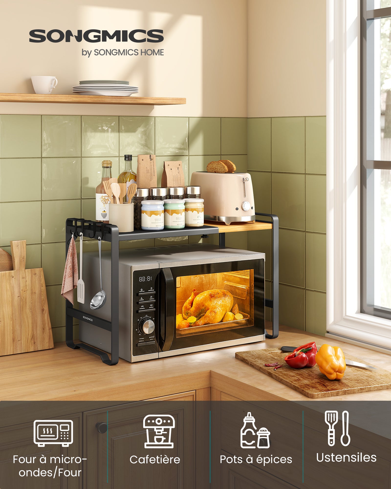 Étagère pour Micro-ondes, Extensible, Support pour Mini Four, Largeur Réglable de 41,5 à 64 cm, Acier et Bambou, 4 Crochets, Noir et Bambou - 2