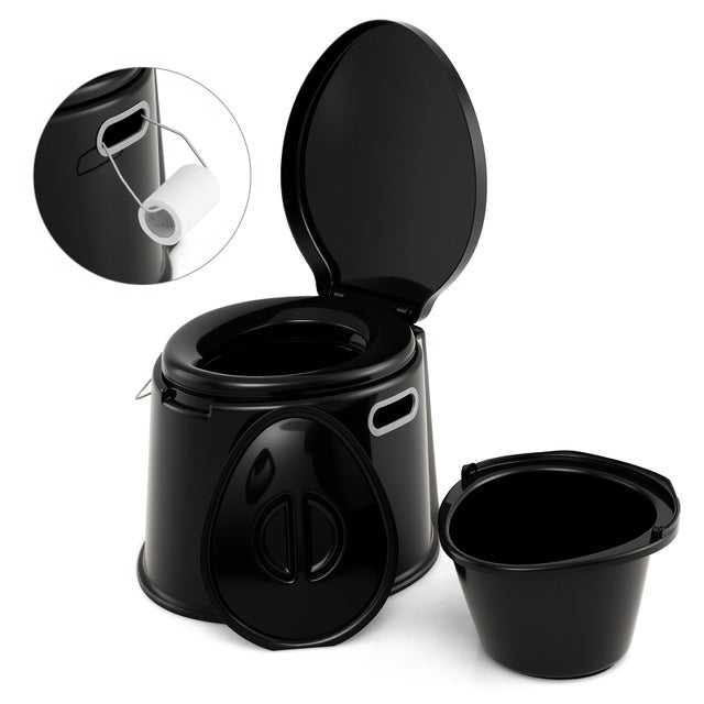 Toilette Sèche Portable Extérieure 5L avec Seau Intérieur et Porte-Papier Amovible pour Camping, Randonnée, Charge Max 200 kg, Noir