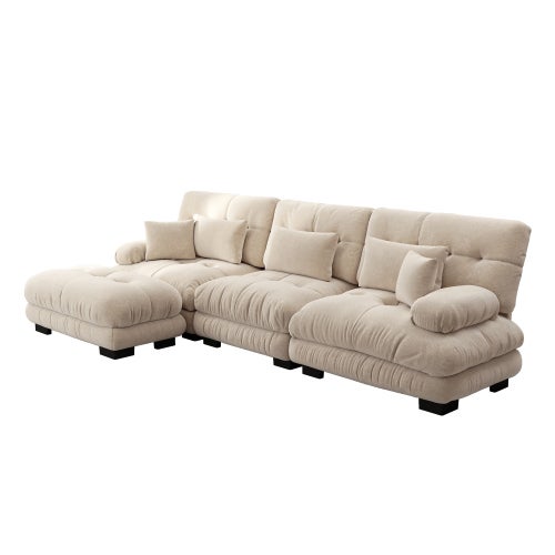 Canapé d'angle, canapé en U pour salon à 3 place avec pouf amovible, en tissu, beige - 7