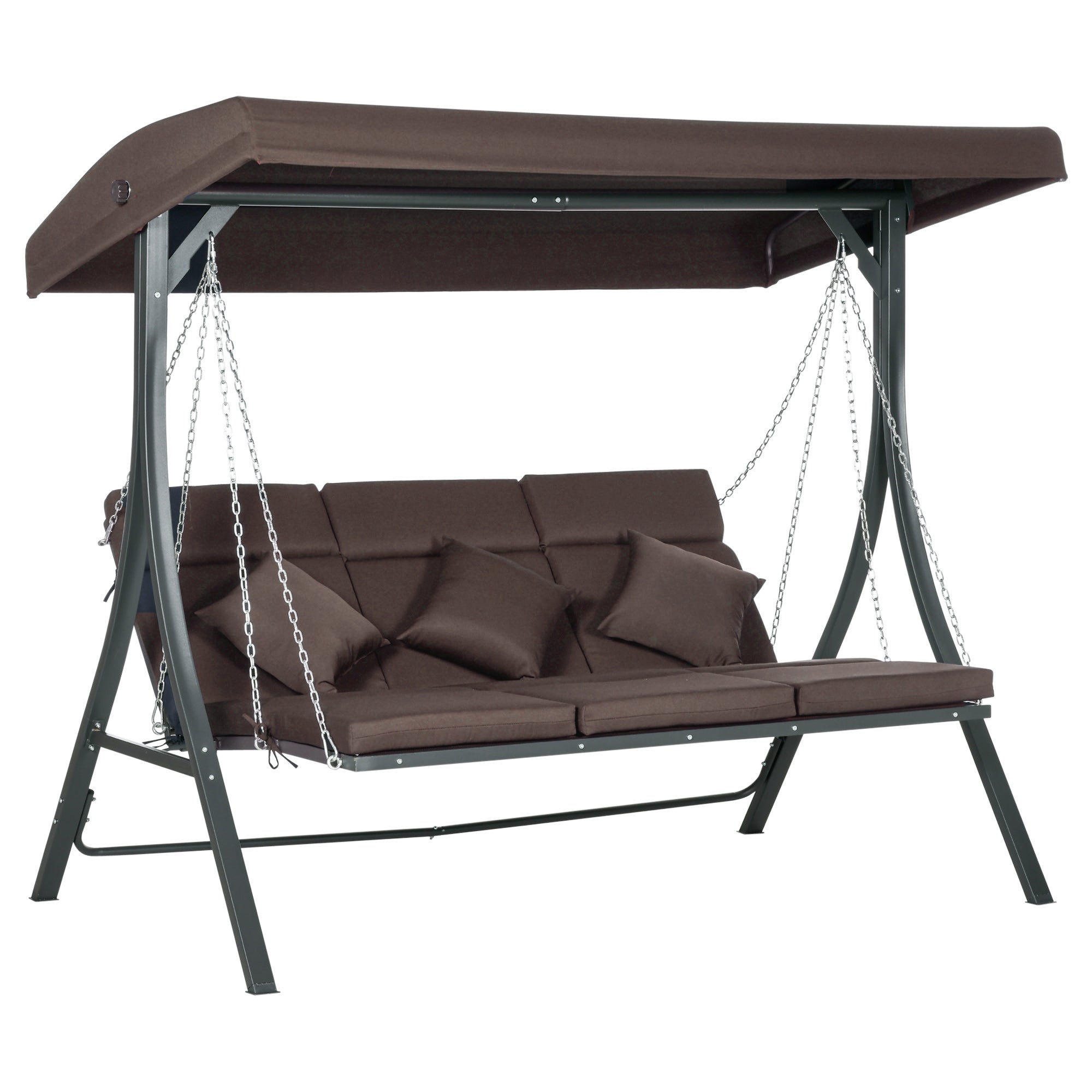 Cadeira de balanço 3 lugares 156x89x168 cm com telhado, almofadas, capacidade até 270 kg, estrutura de metal, marrom - 2