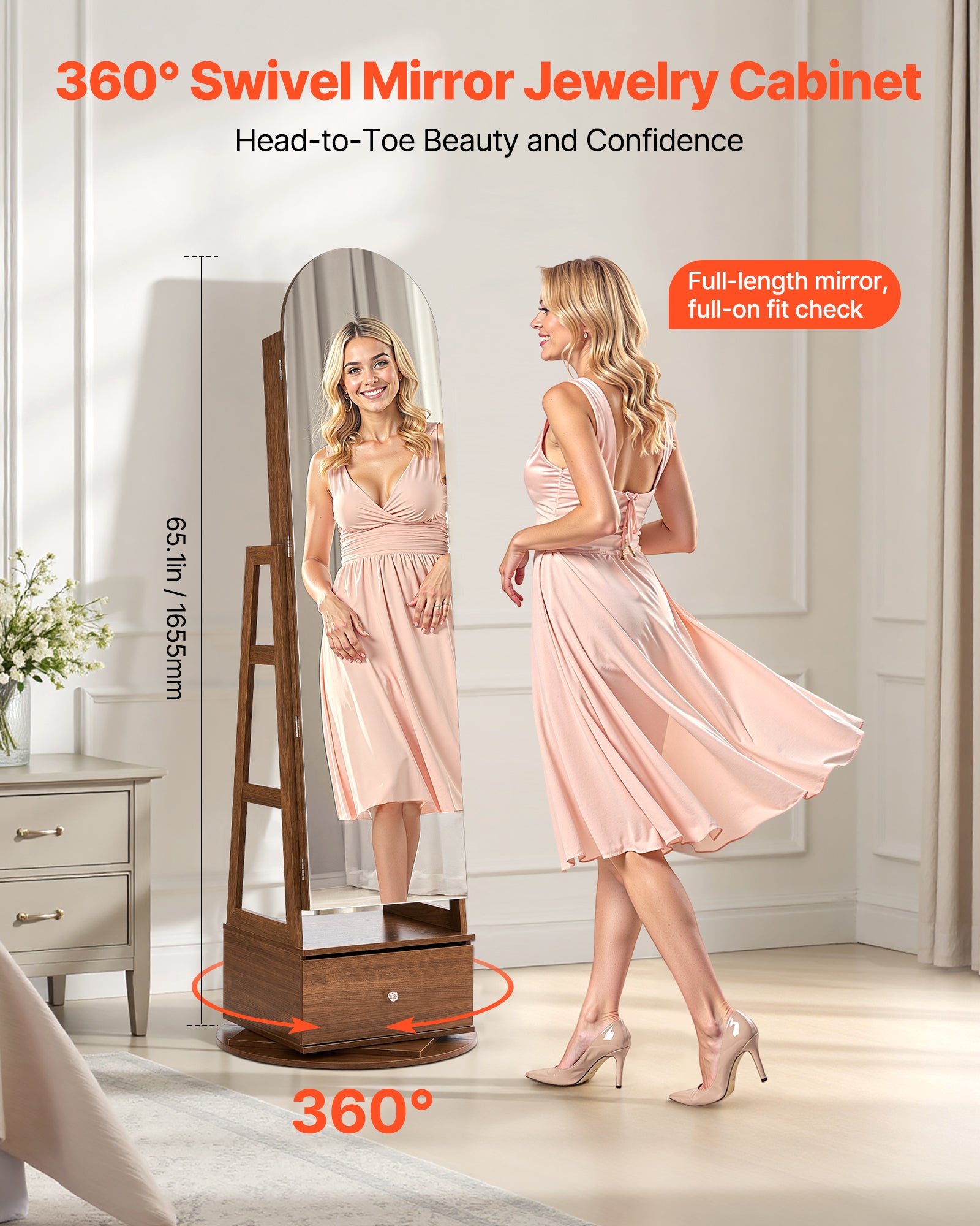 Armoire à Bijoux Pivotante VEVOR 360°, sur Pied 1650 mm avec Miroir Pleine Longueur, Tiroir, Rangement & Porte Verrouillable à 2 Clés, Pochettes - 2
