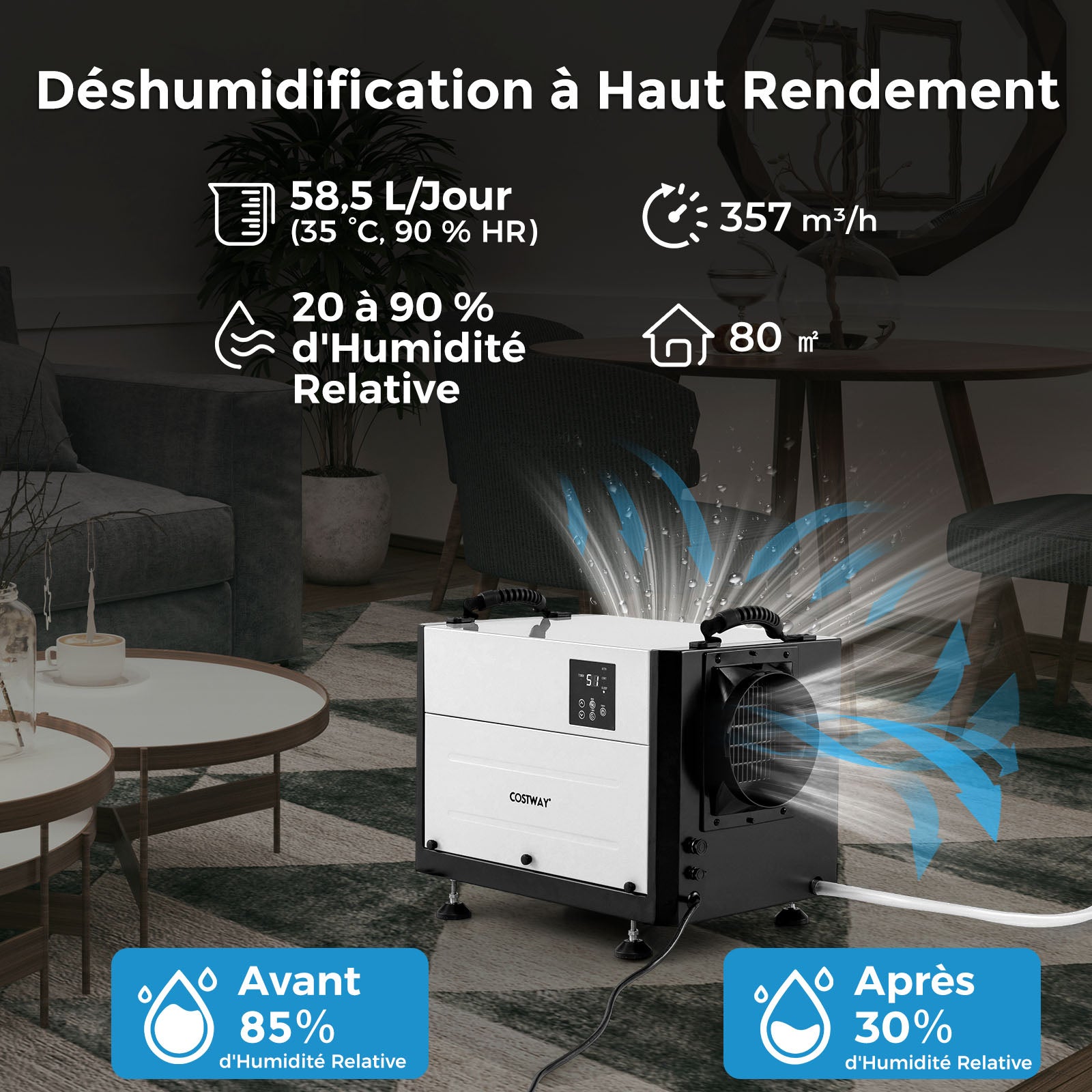 Déshumidificateur d'Air 58,5/Jour Jusqu'à 80m² avec 3 Modes, Minuterie de 24&nbsp;H, Tuyau de Vidange, Dégivrage Automatique, pour Sous-Sol, Blanc - 6