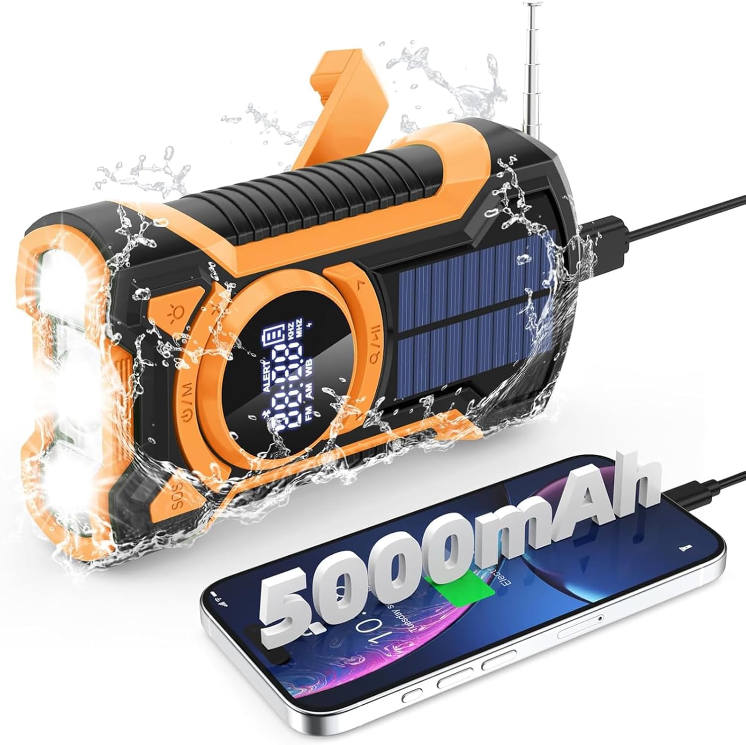 Akumulatorowe przenośne radio dynamo z latarką LED - Power Bank 5000mAh Radio AM/FM na korbkę słoneczną - Alarm SOS/Latarka/Głośniki 3W