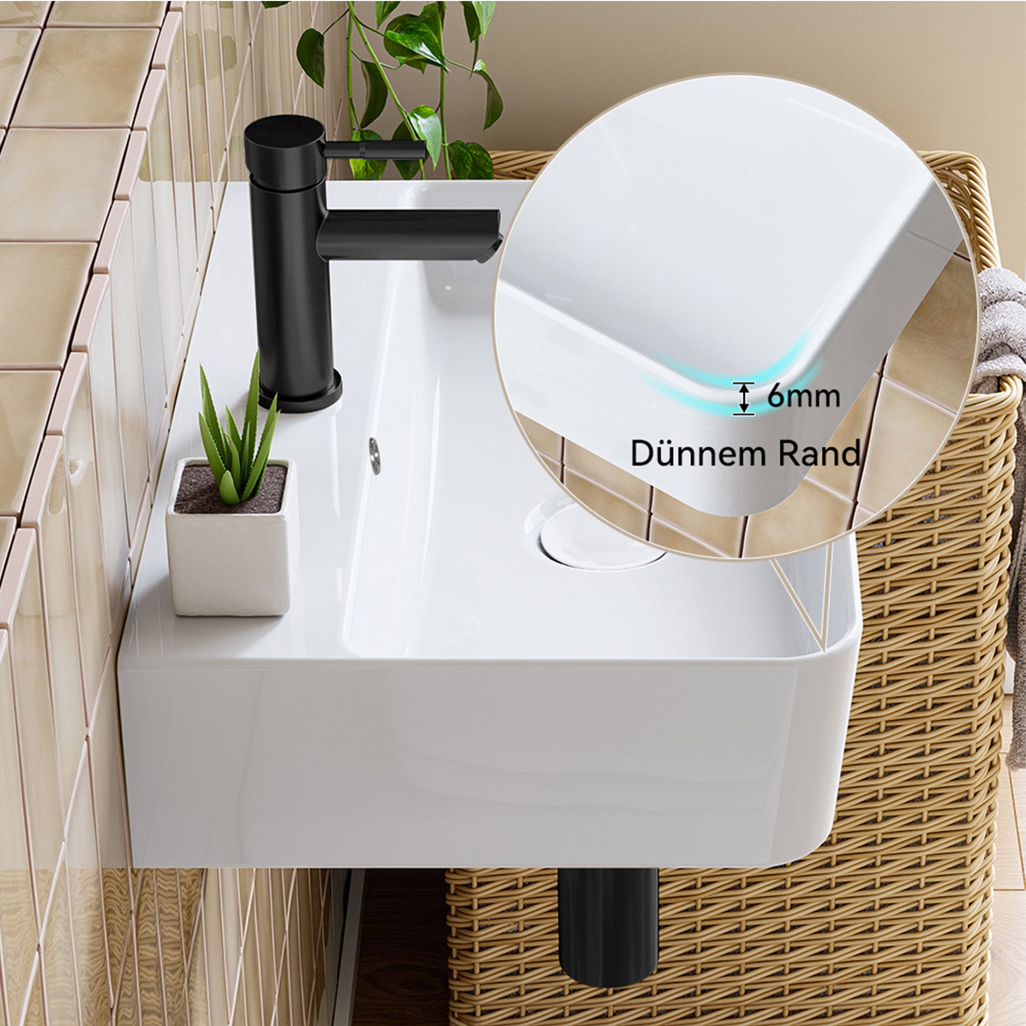 Lavabo mural en céramique blanche - Rectangulaire lavabo suspendu 46 x 30.5 cm - Avec trou pour robinet sans trop-plein - Lavabo à poser HOROW - 6