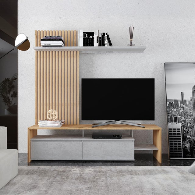 Mueble TV Moderno con Estante Roble + Gris Cemento | 190 x 40 x 200 cm | Almacenaje Abierto y Cerrado | Diseño Multinivel
