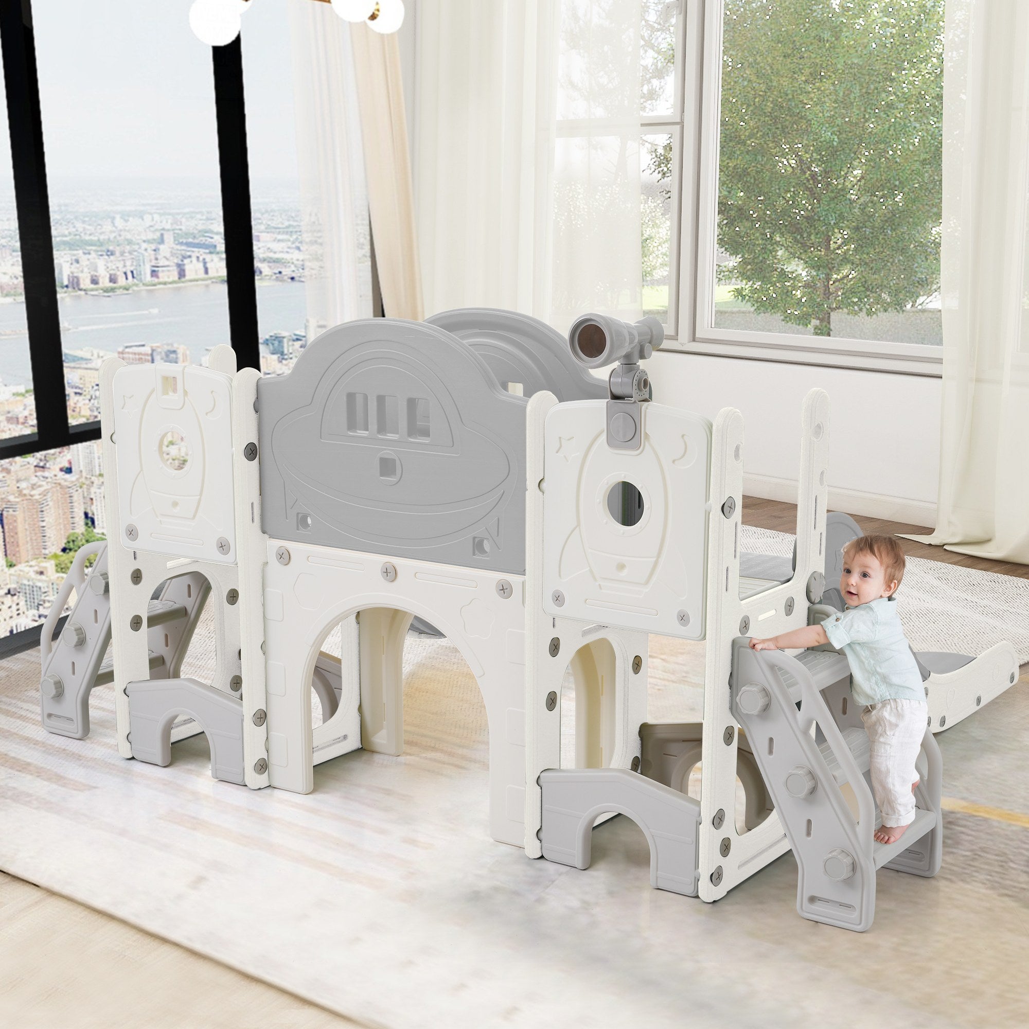 Jouet extérieur 10 en 1 - Multifonction avec toboggan, escalade, jeux et rangements - Couleur: Gris Antique Blanc - 3