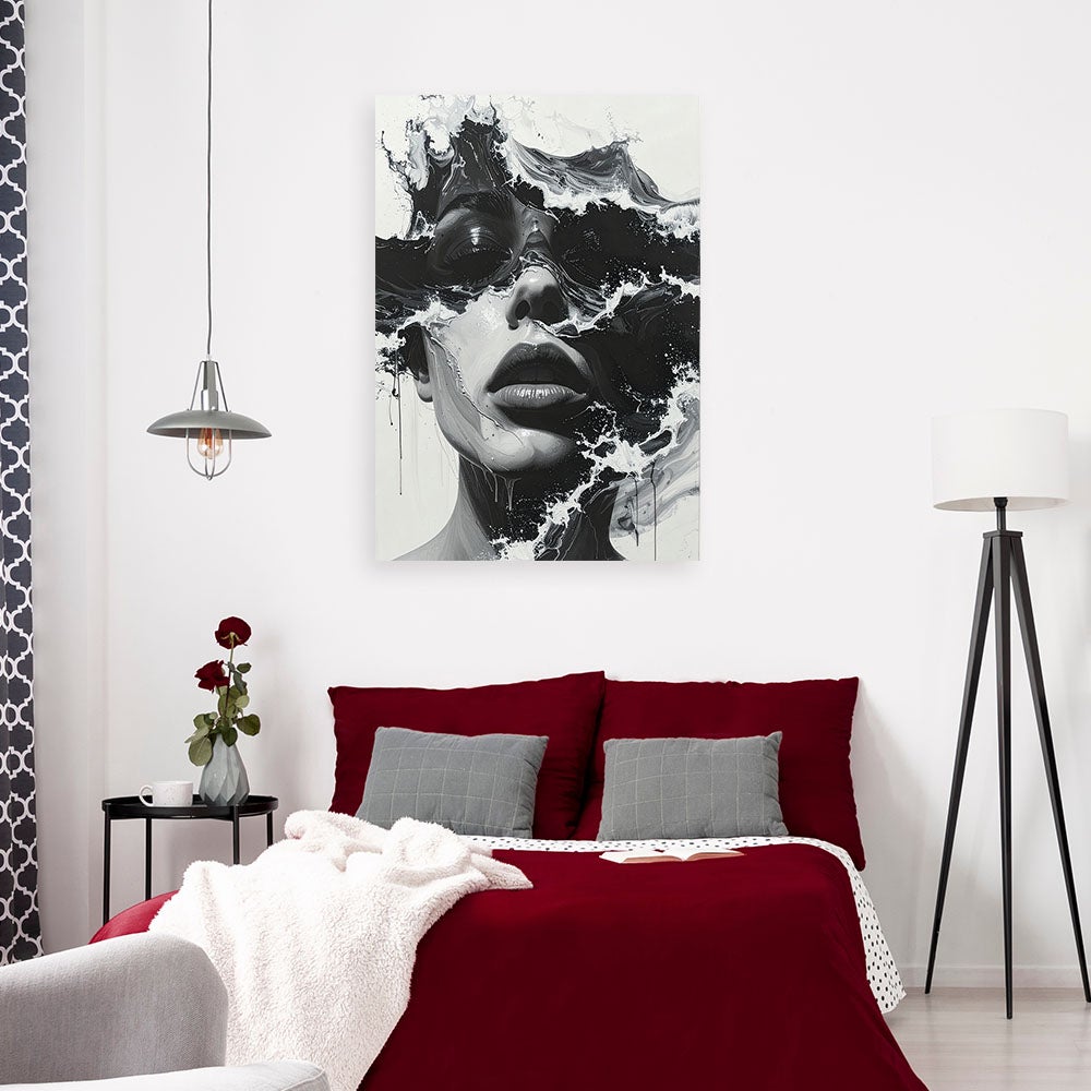 Obraz do salonu sypialni, Portret kobiety czarno biały w stylu artystycznym fale morskie 40x60 - 2