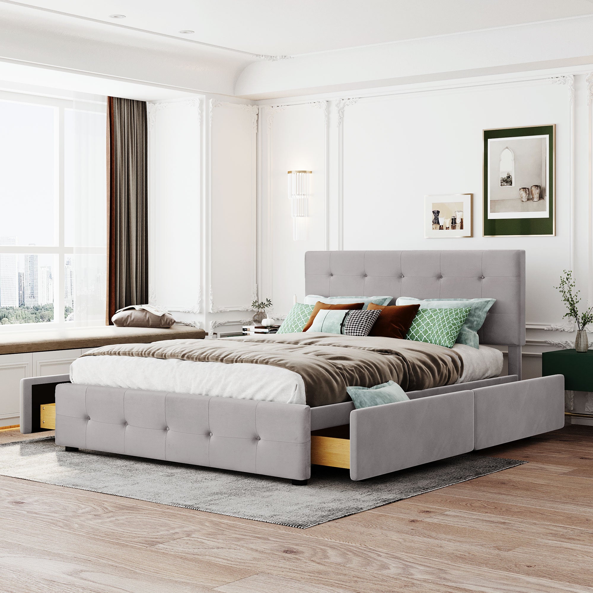 KOMHTOM Letto Matrimoniale Imbottito Con Testiera E Porte USB – Telaio Con Doghe In Legno, Rivestimento In Lino Grigio (90x200 Cm, Senza Materasso)