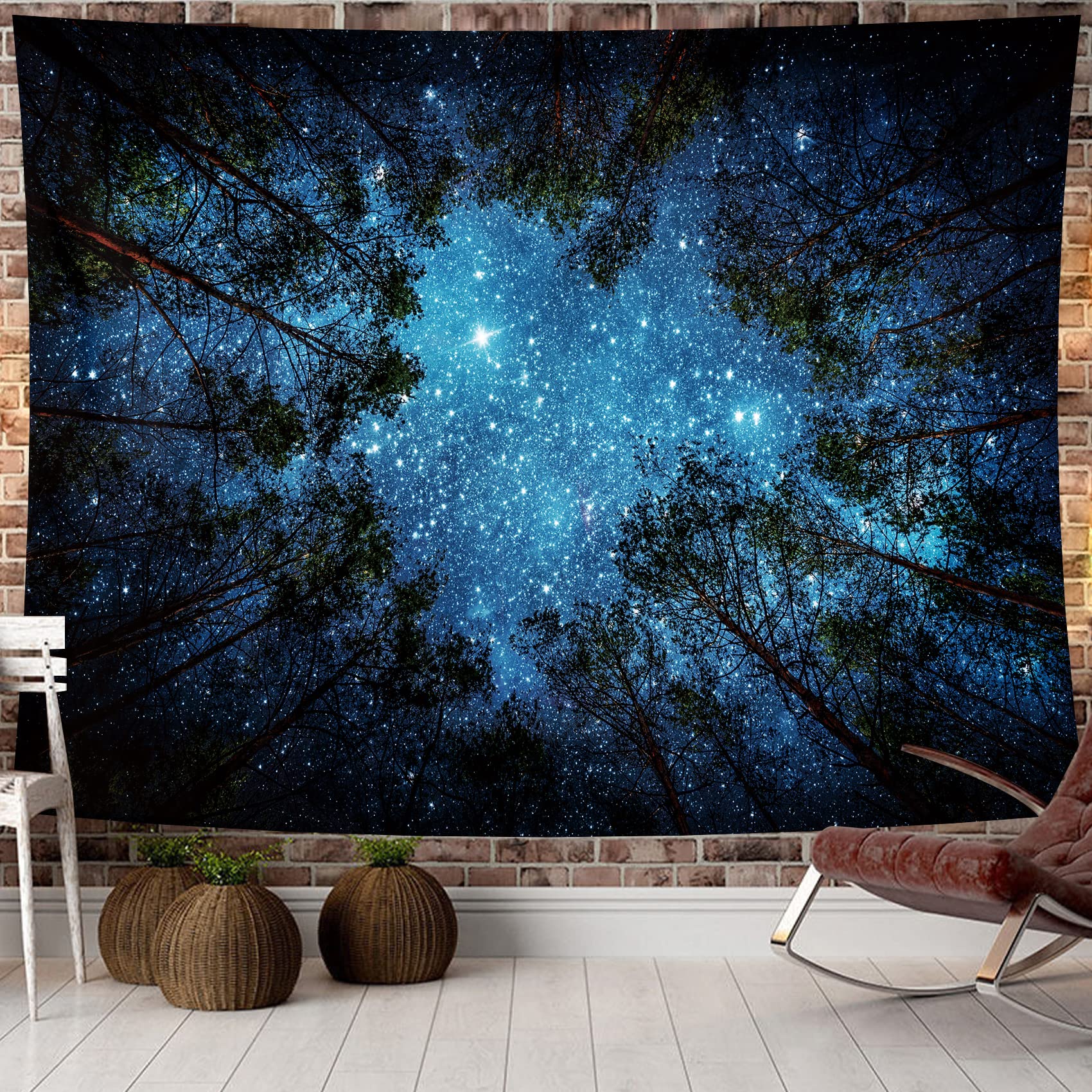 Psychodeliczna tapiseria ścienna z motywem gwiezdnego lasu, 150x130 cm, dekoracja z motywem drzewa do sypialni, salonu, akademika
