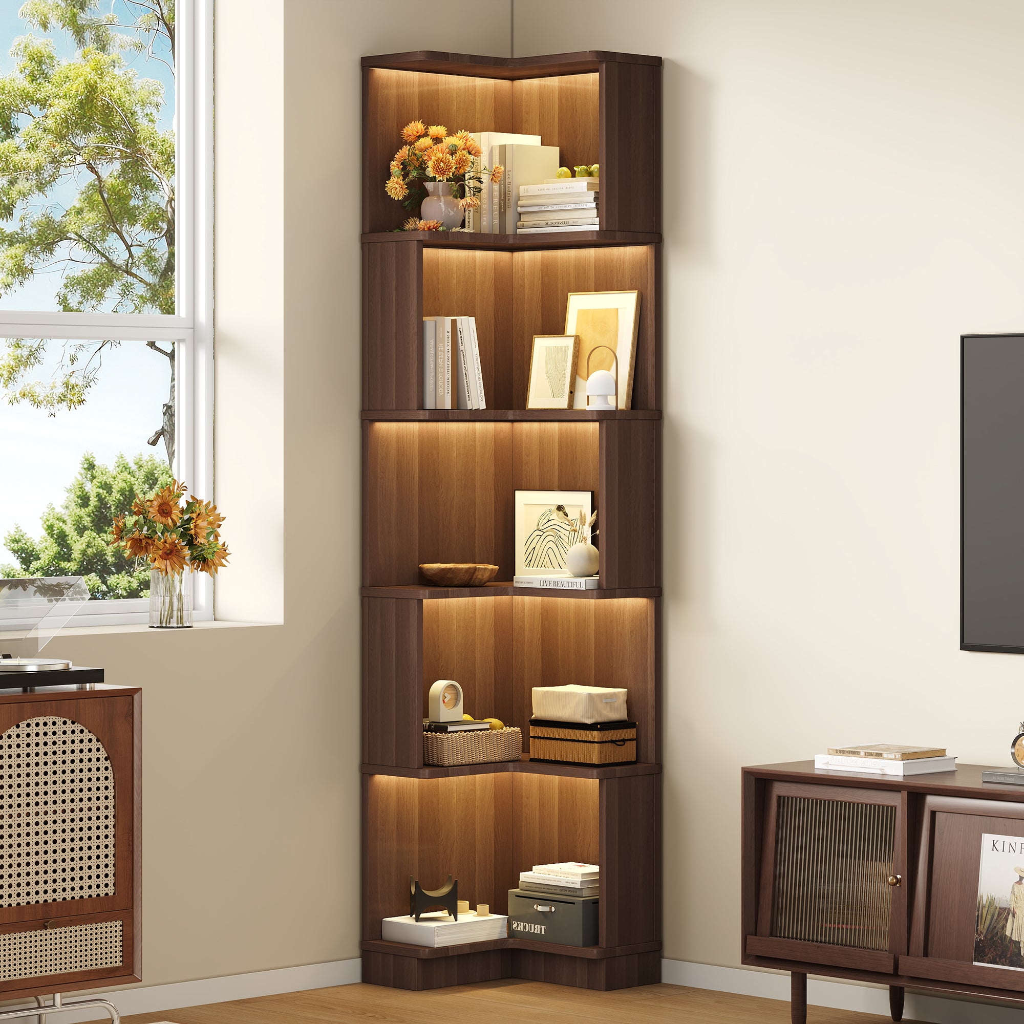 Regał narożny z 5 półkami - 63,5 x 45 x 175 cm - MDF - Diody LED zmieniające kolor - Brązowy