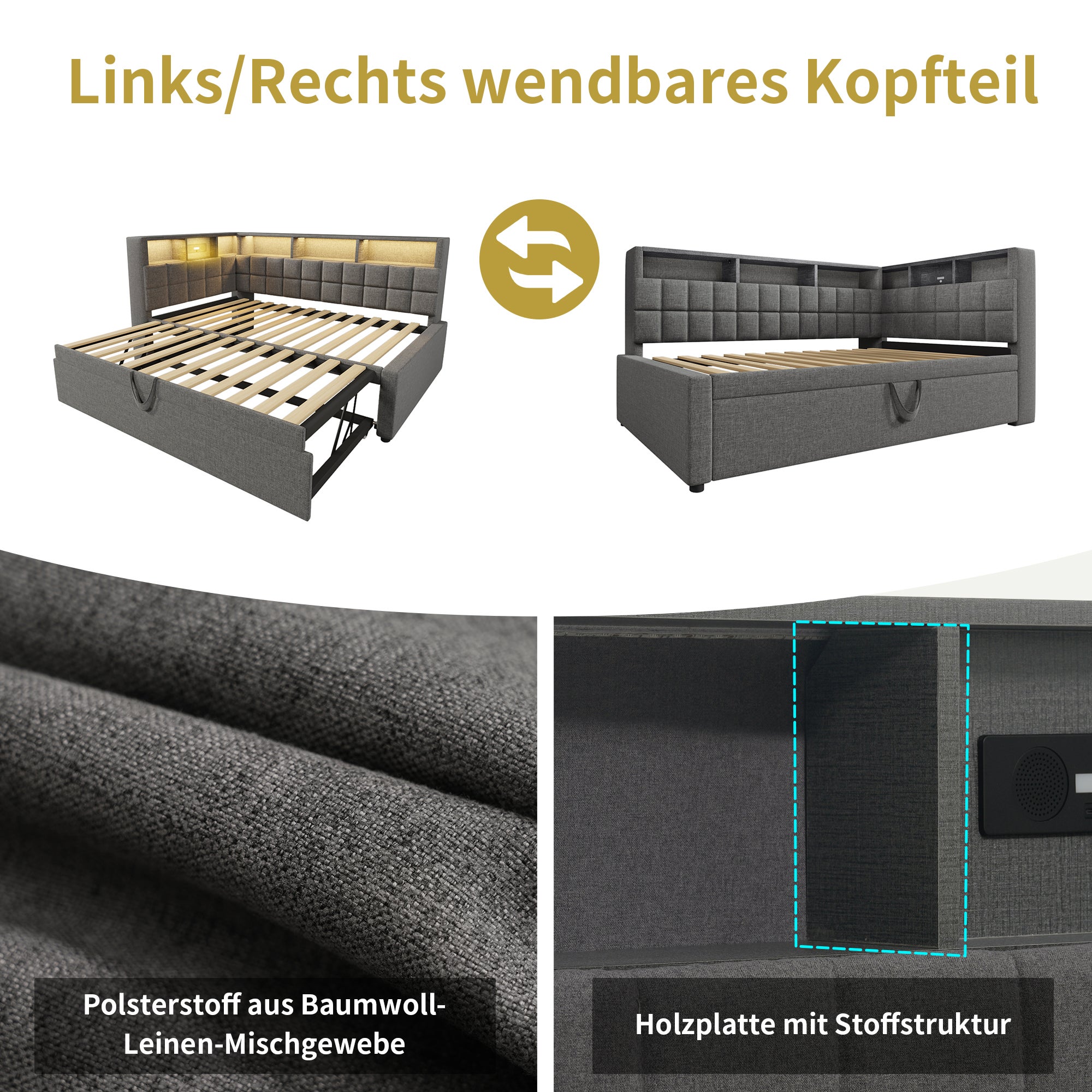 Łóżko wysuwane 90 x 200 cm + 90 x 190 cm z półką - diody LED, porty USB/Type-C i głośnik Bluetooth - szare (materac nie jest dołączony) - 5