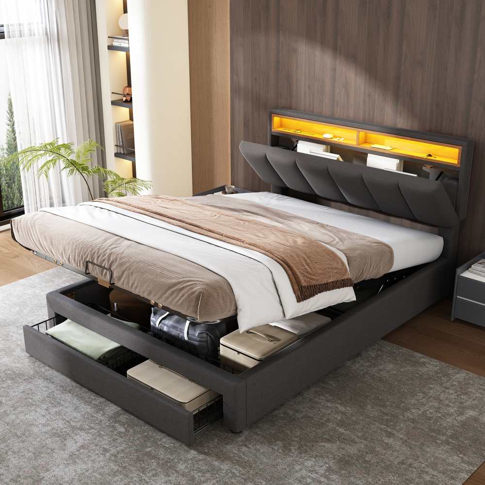 Łóżko z oświetleniem LED, hydrauliczne, z szufladami i schowkiem, 140x200 cm, szare – Elegancki design z połączenia lnu i wytrzymałego metalu.