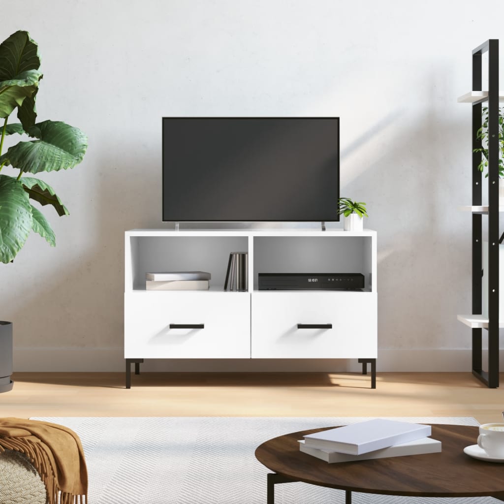 Meuble TV Blanc Brillant – 80x35x36,5 Cm – Bois D'ingénierie – Neuf