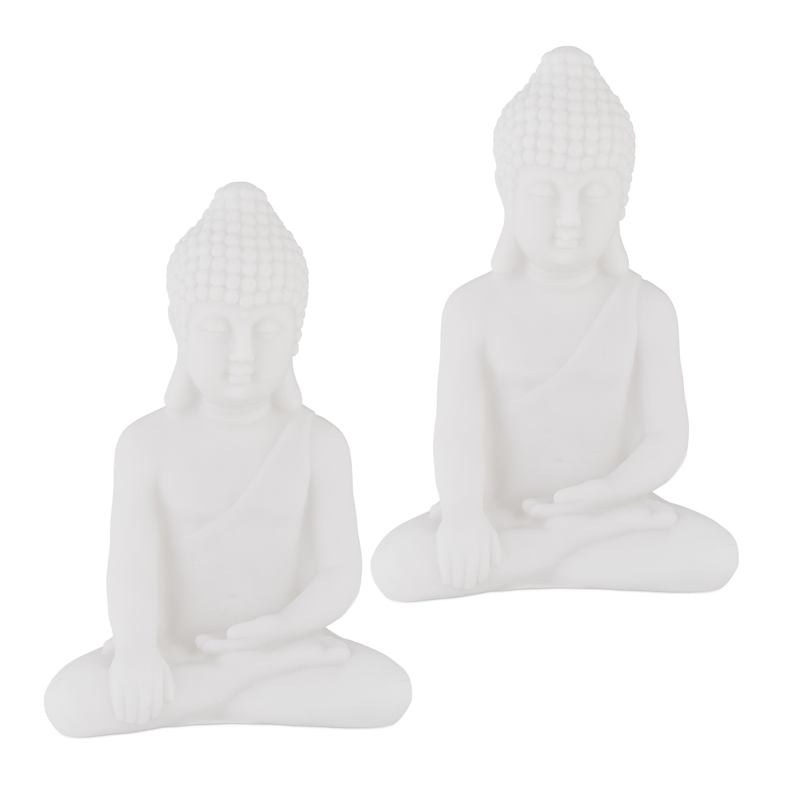 Set 2 figuras buda sentado, 17 cm, estatua budista jardín, resistente, intemperie y heladas, exterior, salón, blanco