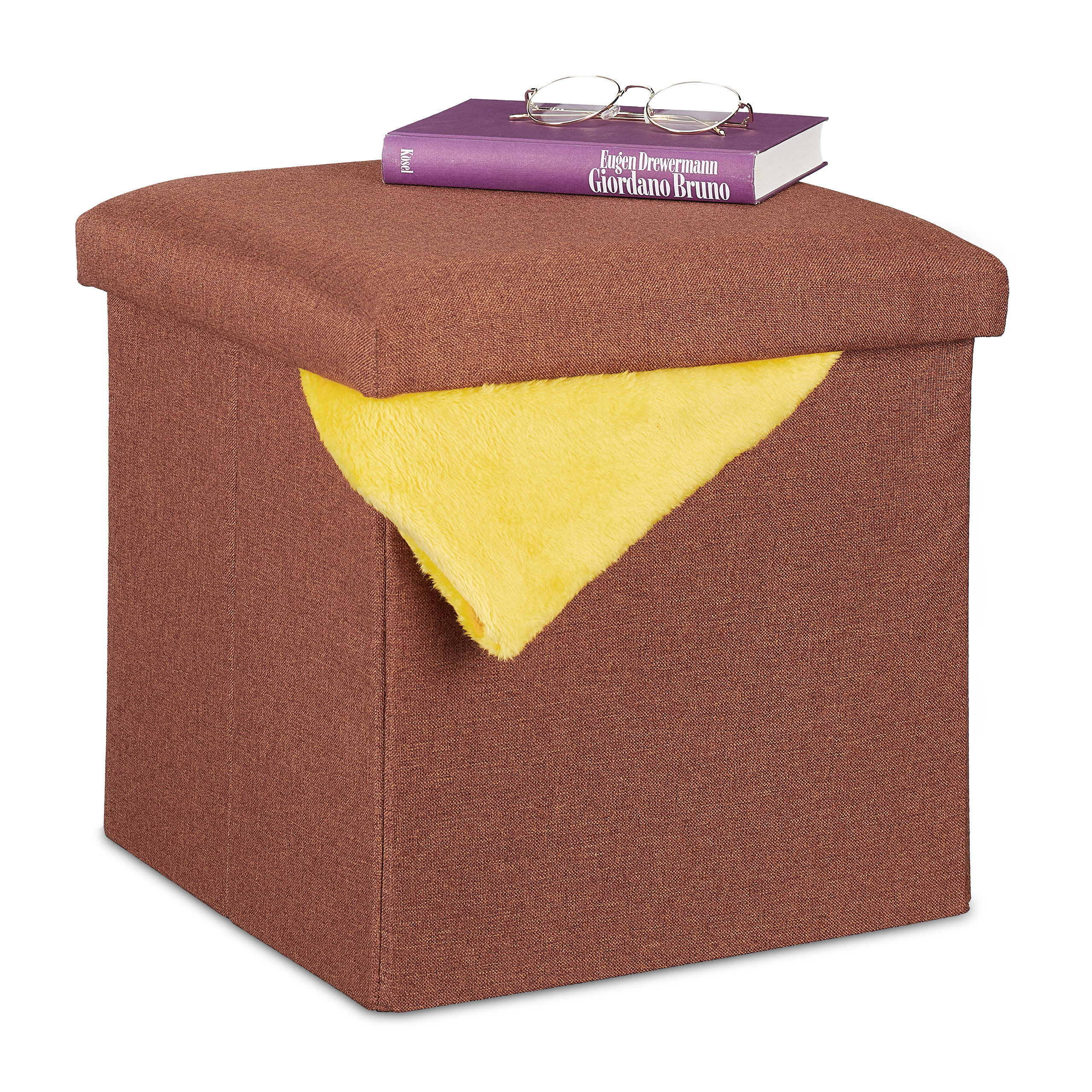 Relaxdays taburete almacenaje plegable, acolchado, tela, otomana de almacenamiento, 37 x 37,5 x 37,5 cm, marrón