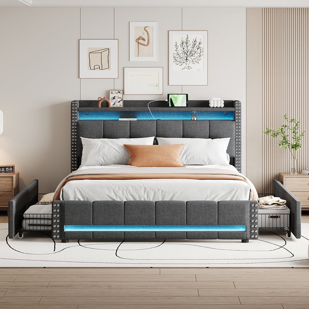 Łóżko tapicerowane 160*200 cm, z oświetleniem LED i gniazdem USB, półką i szufladą z 4 szufladami, szare