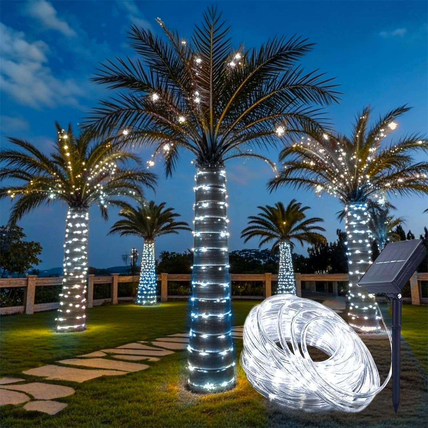 Zewnętrzne lampki solarne, 12 m, 100 diod LED, 8 trybów, wodoodporne, dekoracja ogrodu, patio, balkonu (białe)