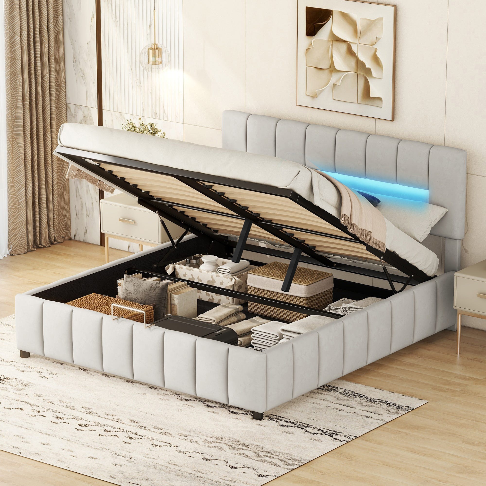 Letto Contenitore 160 X 200, Letto Matrimoniale Imbottito Con Leva Idraulica Luci Led Ai Piedi Del Letto Velluto Beige Letto Contenitore 160 X 200, Letto Matrimoniale Imbottito Con Leva Idraulica Luci Led Ai Piedi Del Letto Velluto Beige