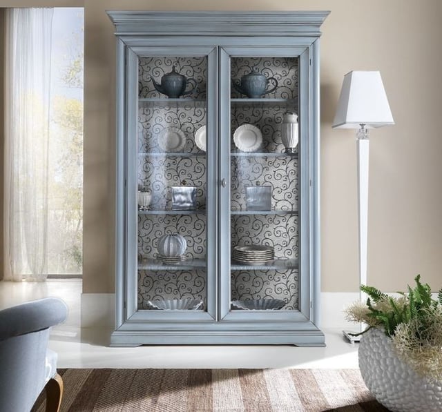 MOBILI 2G - VETRINA 2 PORTE SHABBY CHIC AZZURRO IN LEGNO L.145 x P.50 H.215