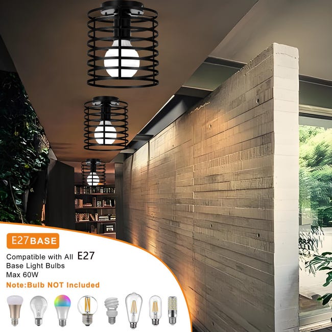 Plafoniera Vintage In Ferro - Lampada Da Soffitto E27 Stile Industriale, 20cm Nero Per Interni - Foto 5