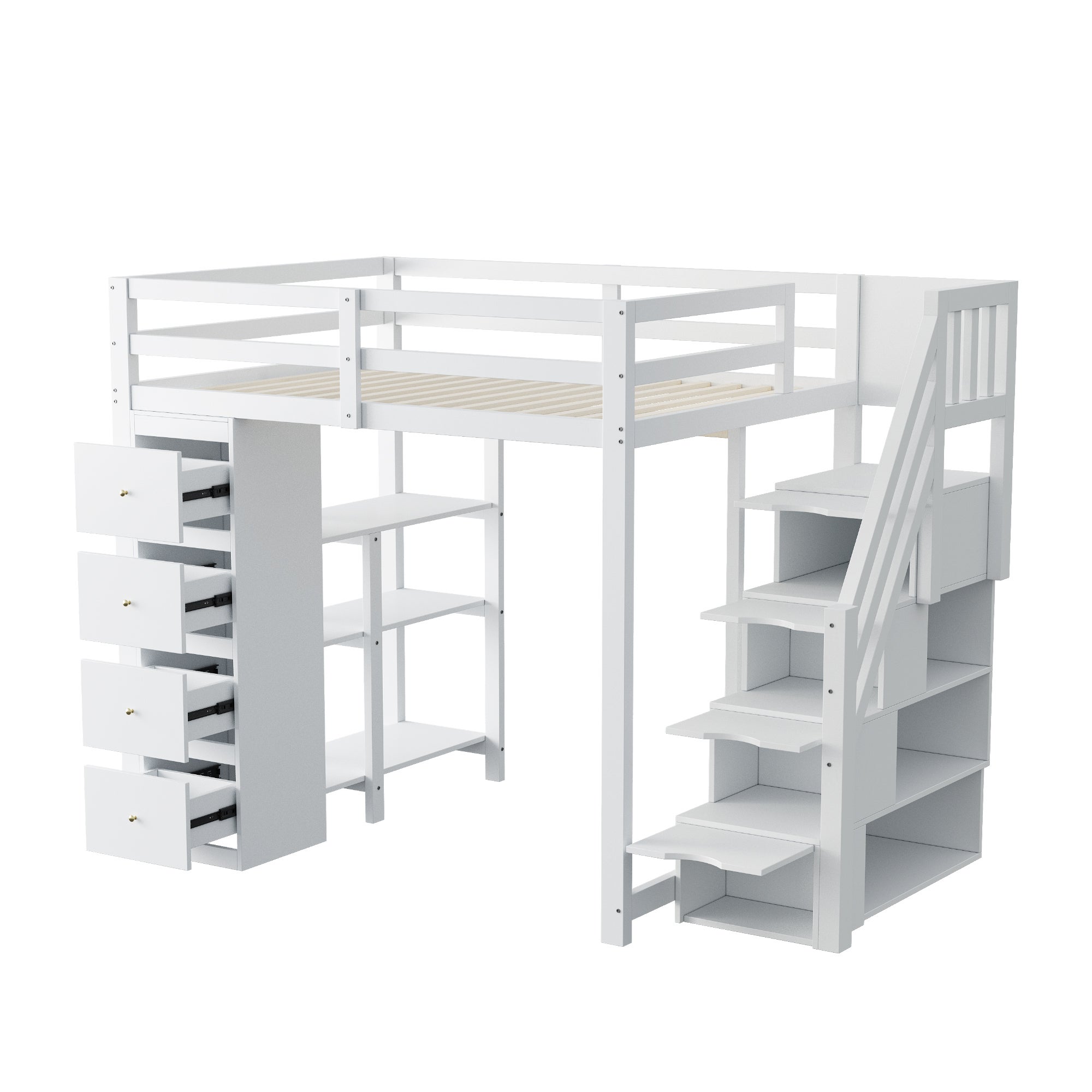 Łóżko mezzanine 140x200cm z litego drewna - z 4 szufladami i schodami do przechowywania - Białe (materac nie jest w zestawie) - 7