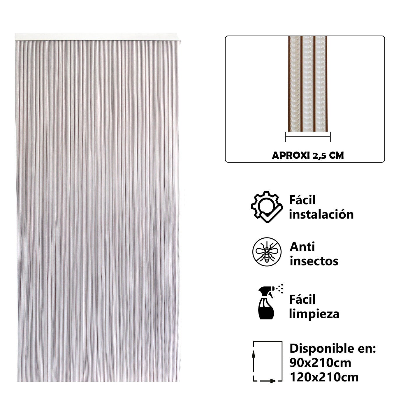 Aitsse- cortina de pvc para puerta exterior o interior con barra de aluminio (210x90cm,transparente+filo marron p3)