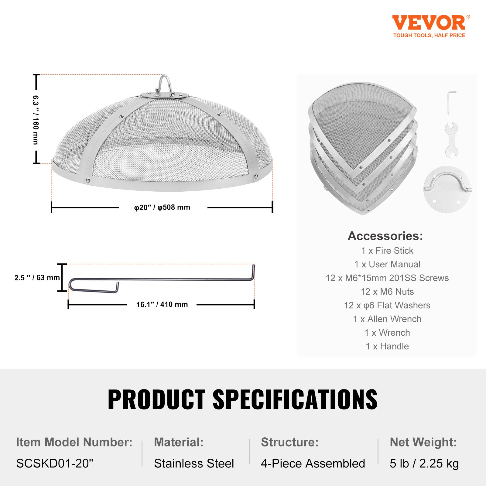 Pare-étincelles pour Brasero Extérieur Rond 508 mm Couvercle Grille de Protection Contre Étincelles Acier Inox Écran Pare-feu Ouverture Facile VEVOR - 7