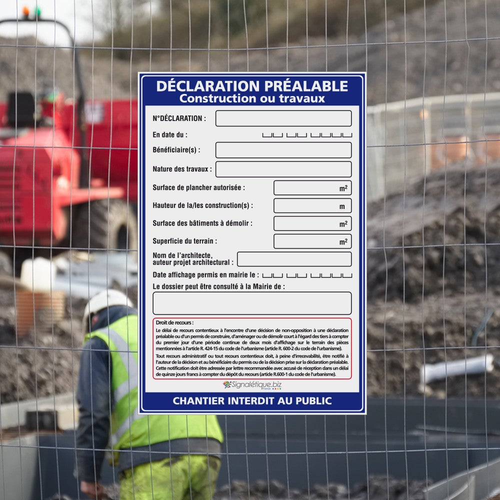 Panneau déclaration préalable construction ou travaux + marqueur noir - Sans oeillets - 5