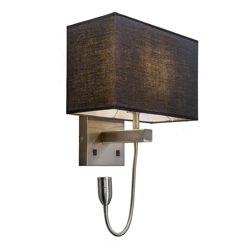 Qazqa nowoczesny lampa ścienna z kloszem i ramieniem do czytania - Bergamo - czarny, kwadratowy, max. 60w, e27, z 2 punktami