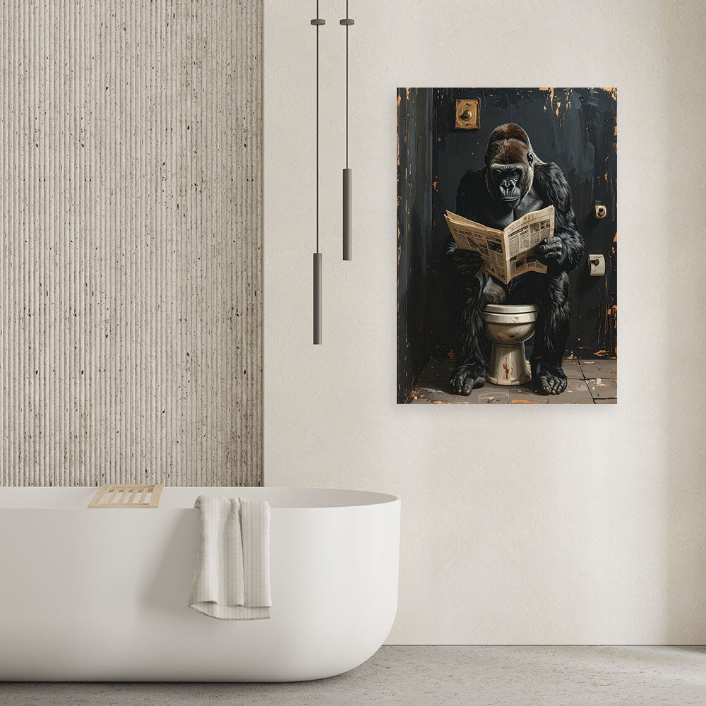 Obraz nowoczesny do łazienki wc prezent, Goryl czytający gazetę czarno złoty 40x60 - 2