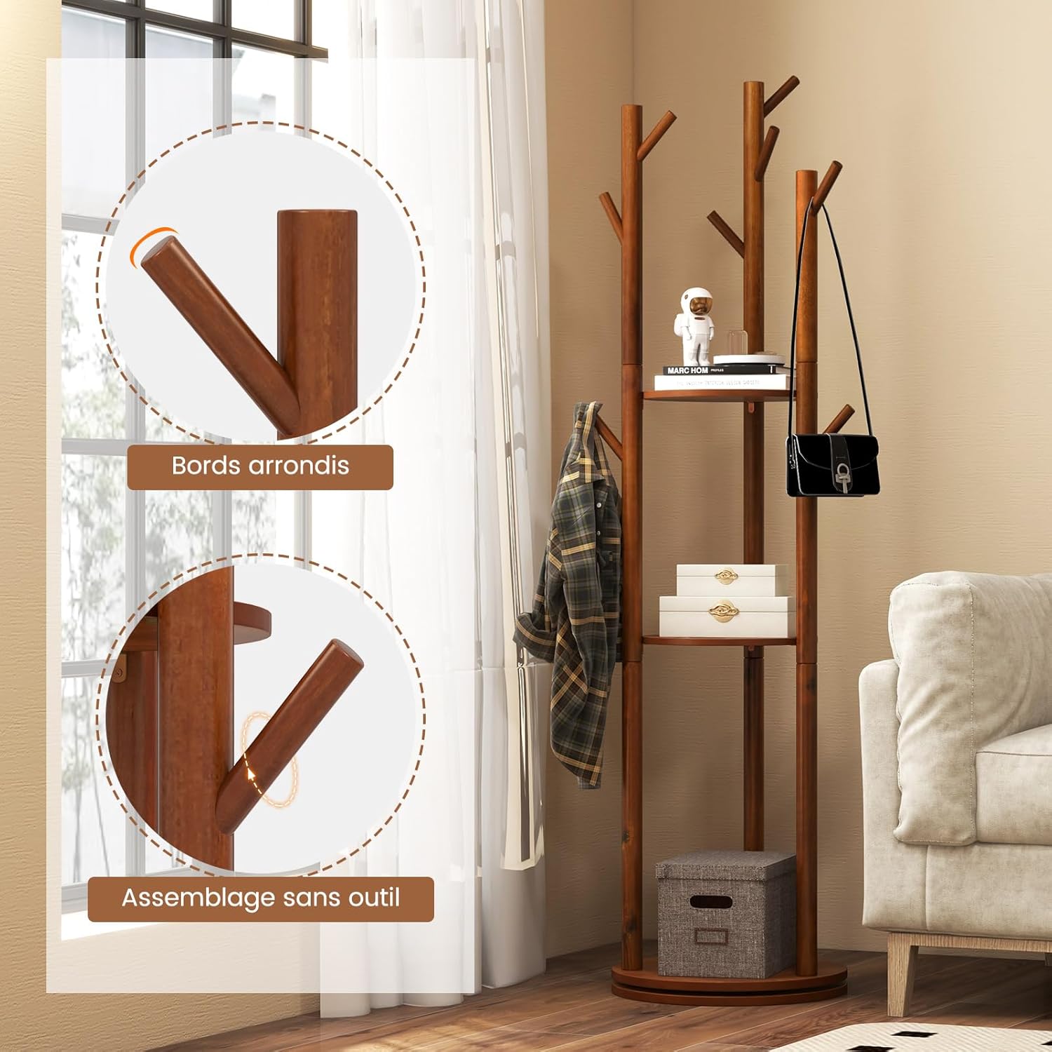 Porte Manteaux sur Pieds Rotatif en Bois, 9 Crochets, 3 Etagères, Portant à Vêtement 176CM pour Entrée, Couloir, Chambre, Base Ronde - 5