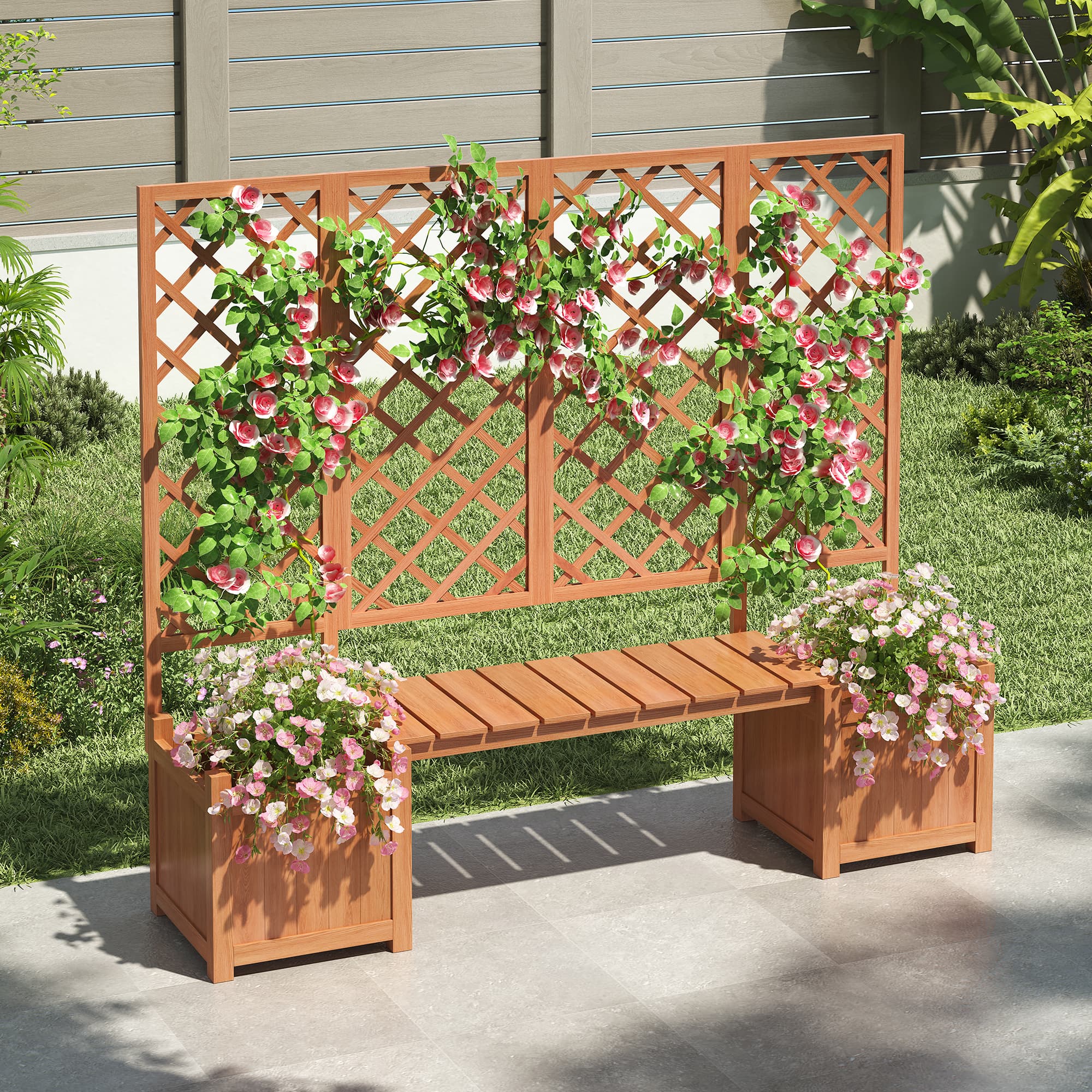 Jardinière Bois Massif Brun Sapin, Treillis pour Plantes Grimpantes avec Assise, Bac à Fleurs Grande Capacité pour Jardin, Cour et Terrasse - 9