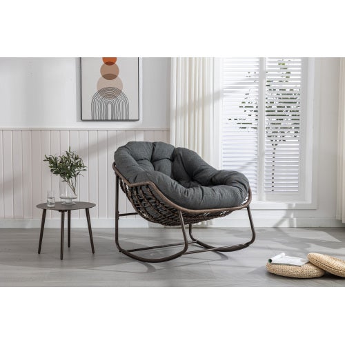 Fauteuil à Bascule Œuf en Résine Tressée, Chaise Rocking Extérieur Intérieur avec Coussin Épais, Grand Confort, Gris Foncé - 2