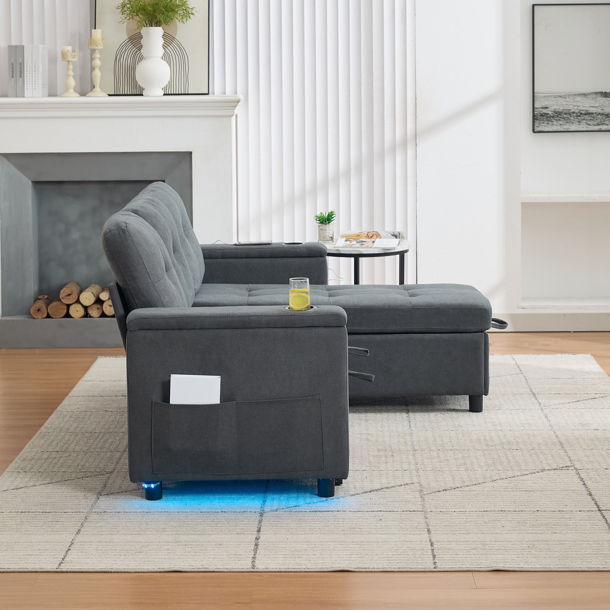 Sofa narożna 3-osobowa z funkcją spania - 208 x 146 x 89,5 cm - Diody LED i gniazdo ładowania - Wyściółka z włókniny i pianki - Szara - 6