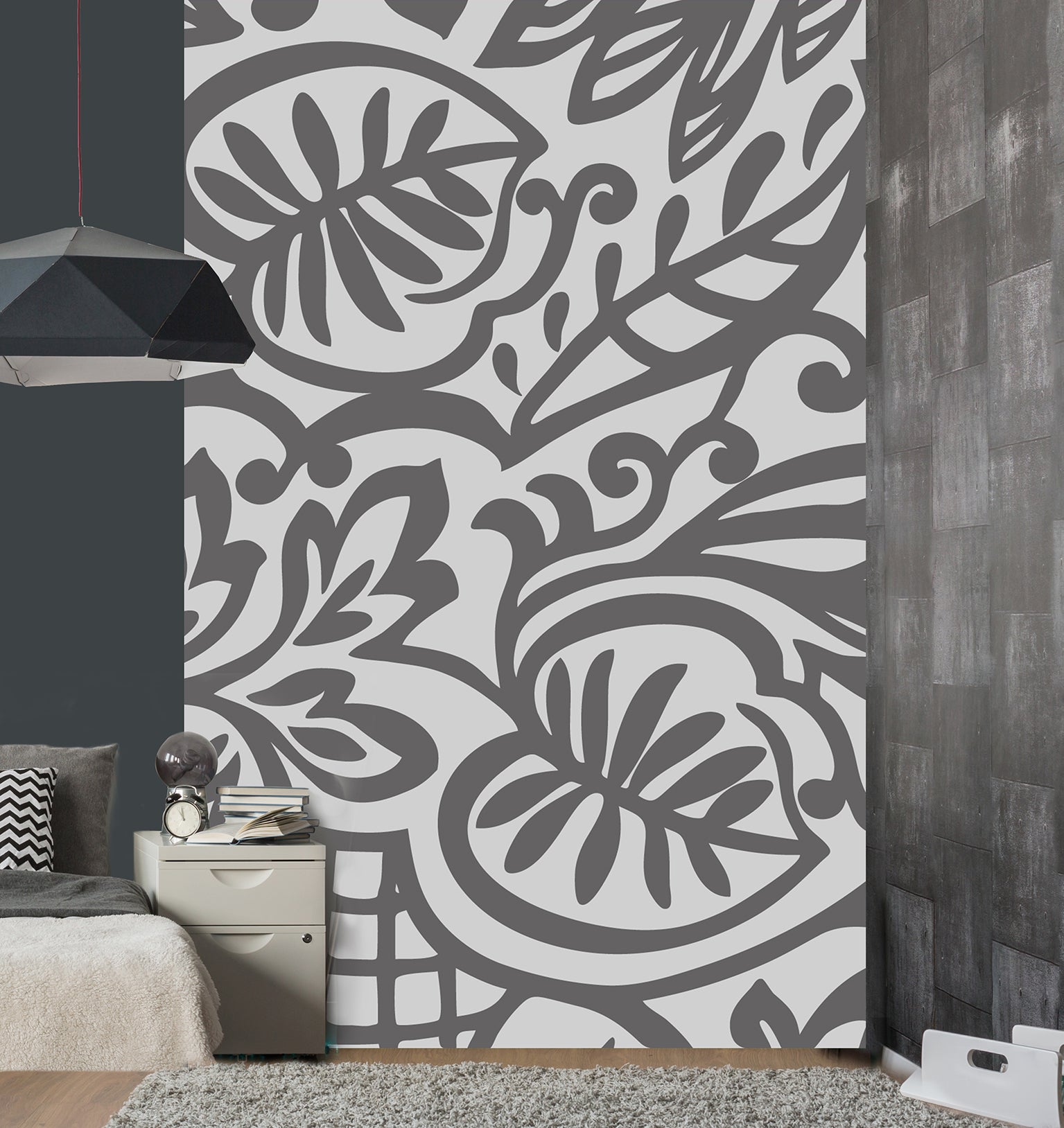 Papel tapiz panorámico con información fría, papel introductivo, patrón floral arabesco gris sobre un fondo gris, 250 cm x 150 cm