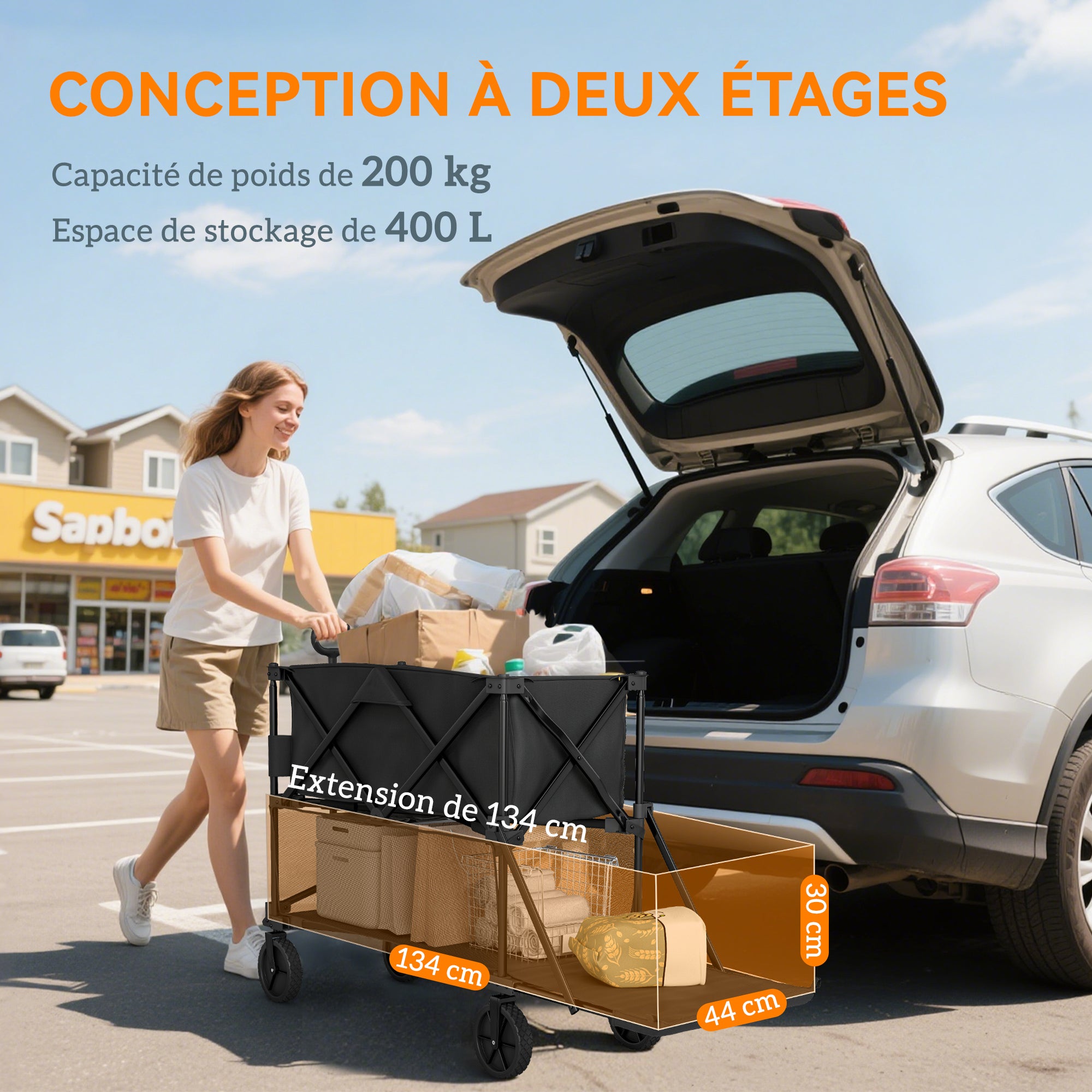 Chariot de jardin - Outsunny - pliable - 350L charge max 200 kg - deux étages - avec roues tout terrain - pour extérieur - noir - 4