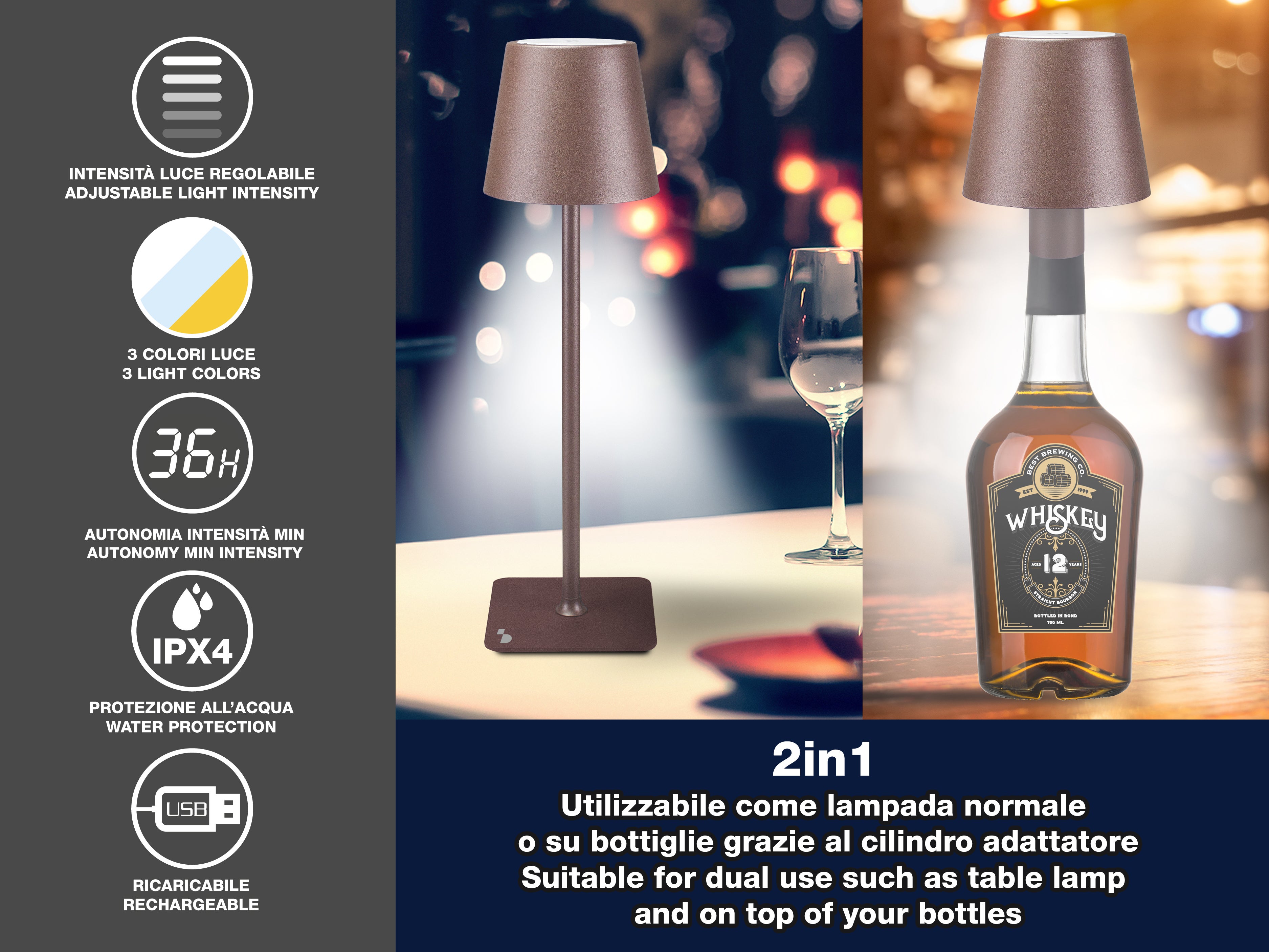 BEPER P201UTP120 Lampada da Tavolo Senza Fili 2in1, Lampada Touch da Scrivania, 1,5W, Adattatore per bottiglie incluso, Corten - 2