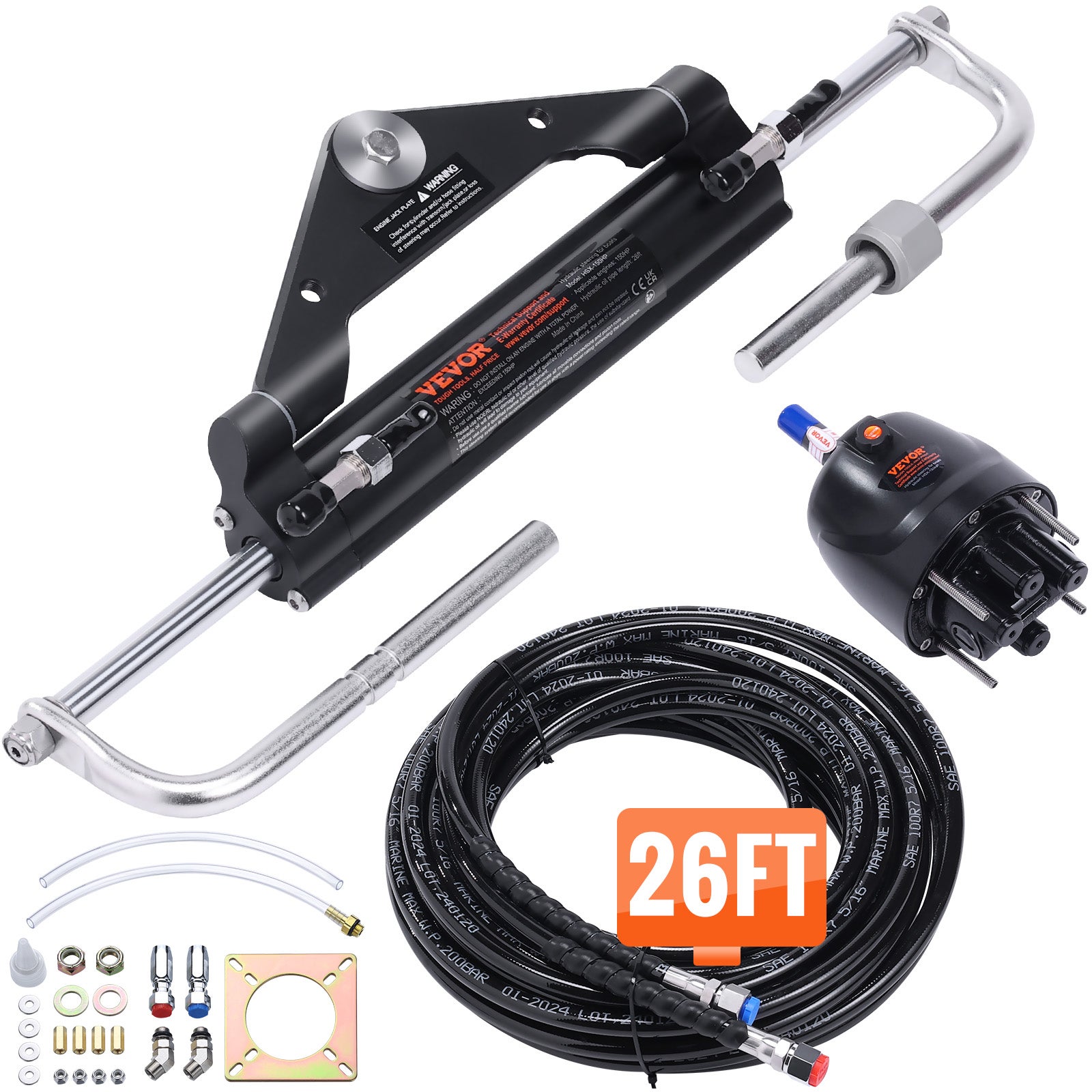 Układ kierowniczy hydrauliczny VEVOR do silnika zaburtowego 150 KM, z pompą, cylindrem blokującym, wężem 8 m, do łodzi morskich z pojedynczą stacją