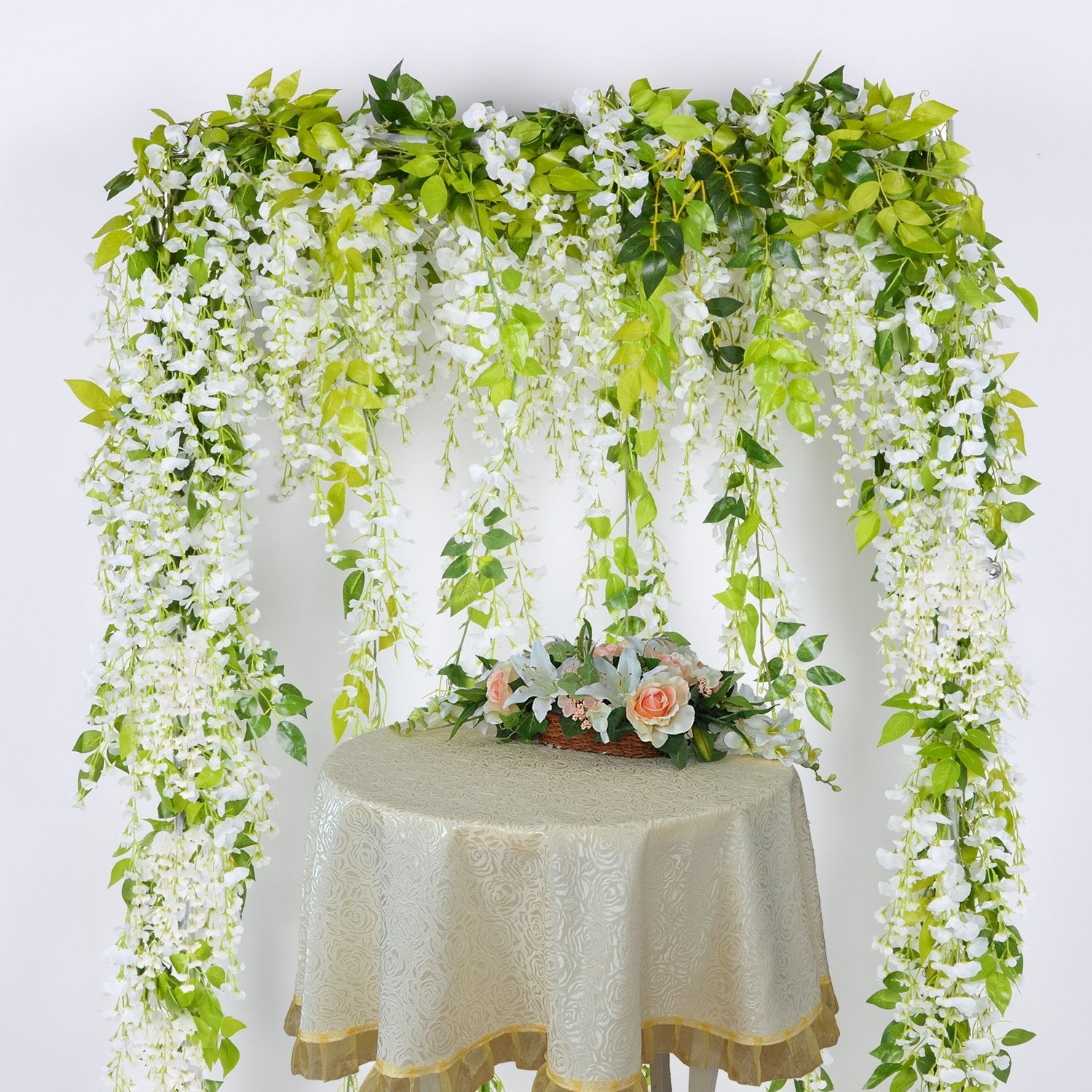 Lot de 10 guirlandes de glycine artificielles, guirlande de fleurs artificielles, fleurs suspendues de glycine pour mariage, fête, jardin (blanc) - 5