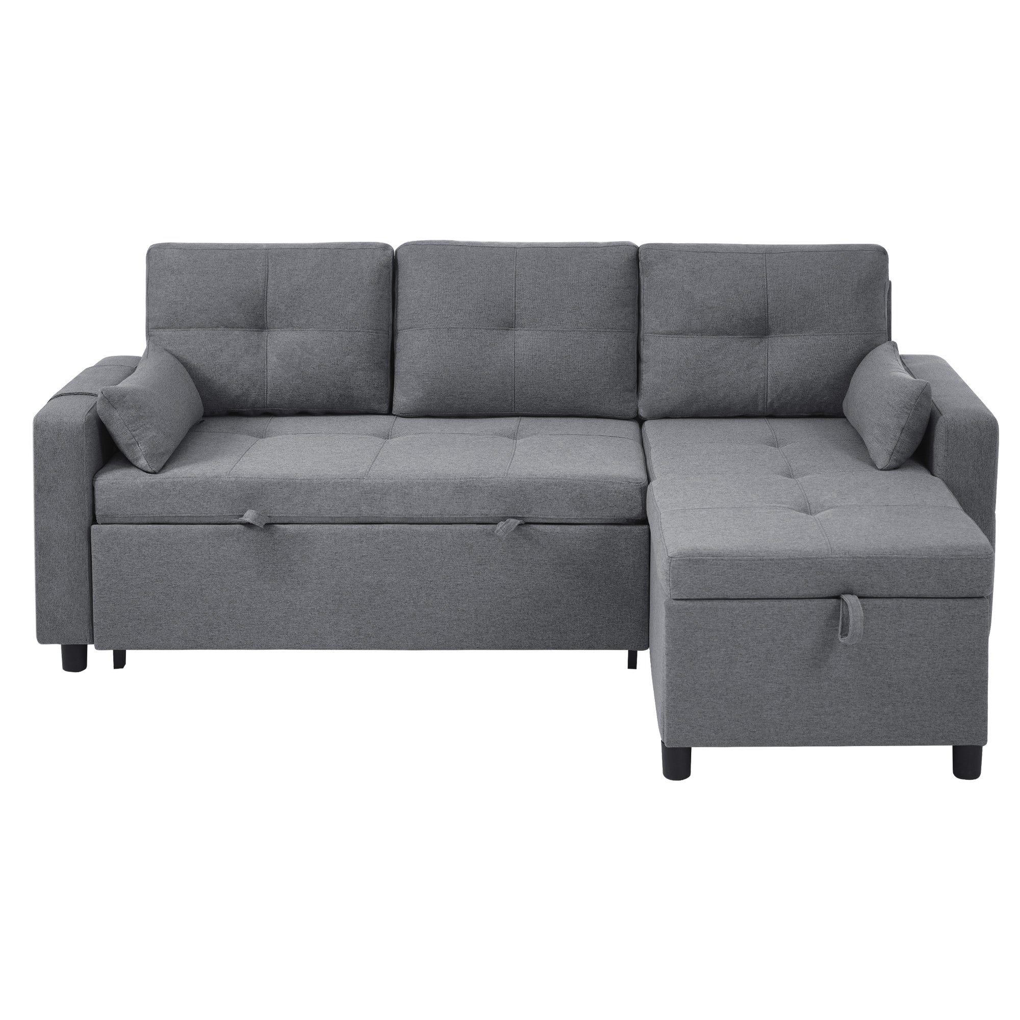 Canapé d'angle convertible 4 places en lin - 205 x 139 x 87 cm - espace de rangement et porte-gobelet - avec fonction sommeil - Gris - 8