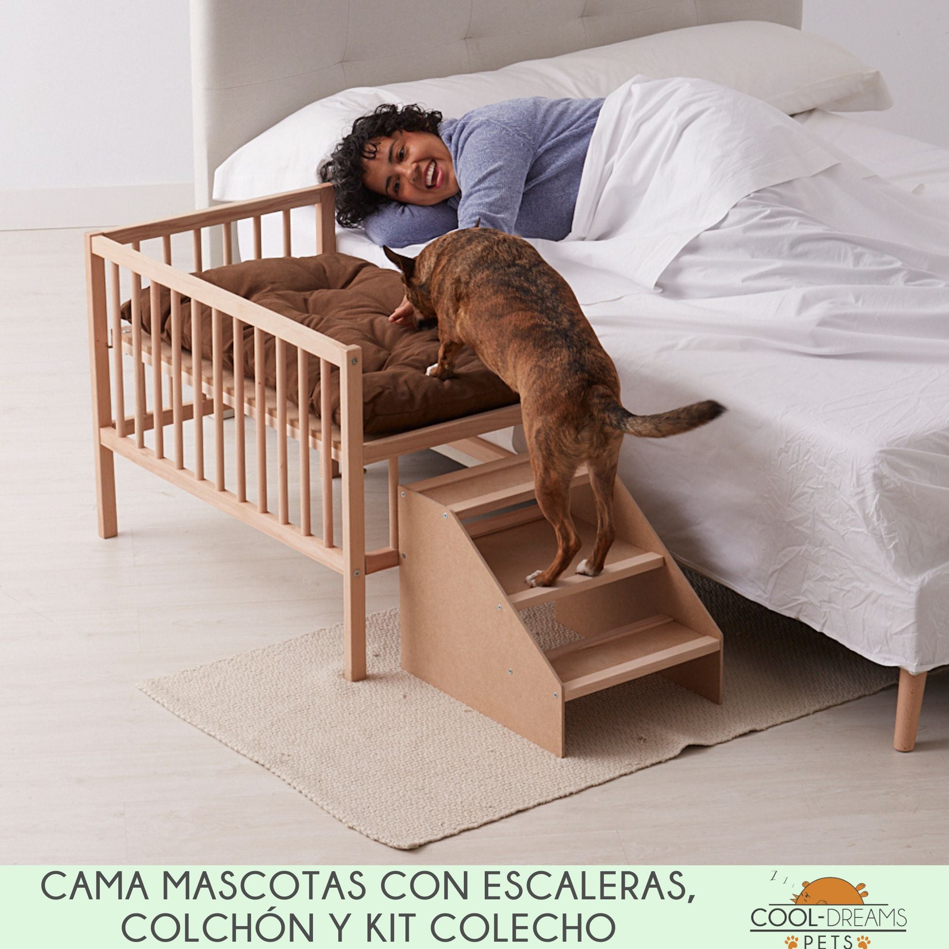 Lettino in legno rialzato per animali domestici con scala e materasso. Per tutte le taglie (2 altezze) - Faunatic - 2