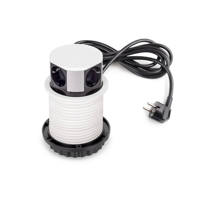 Emuca Multiconnettore Vertikal Push diametro 100mm, 3 spine di tipo Schuko, 1 USB tipo A, 1 USB tipo C, Acciaio e Tecnoplastica, Verniciato bianco