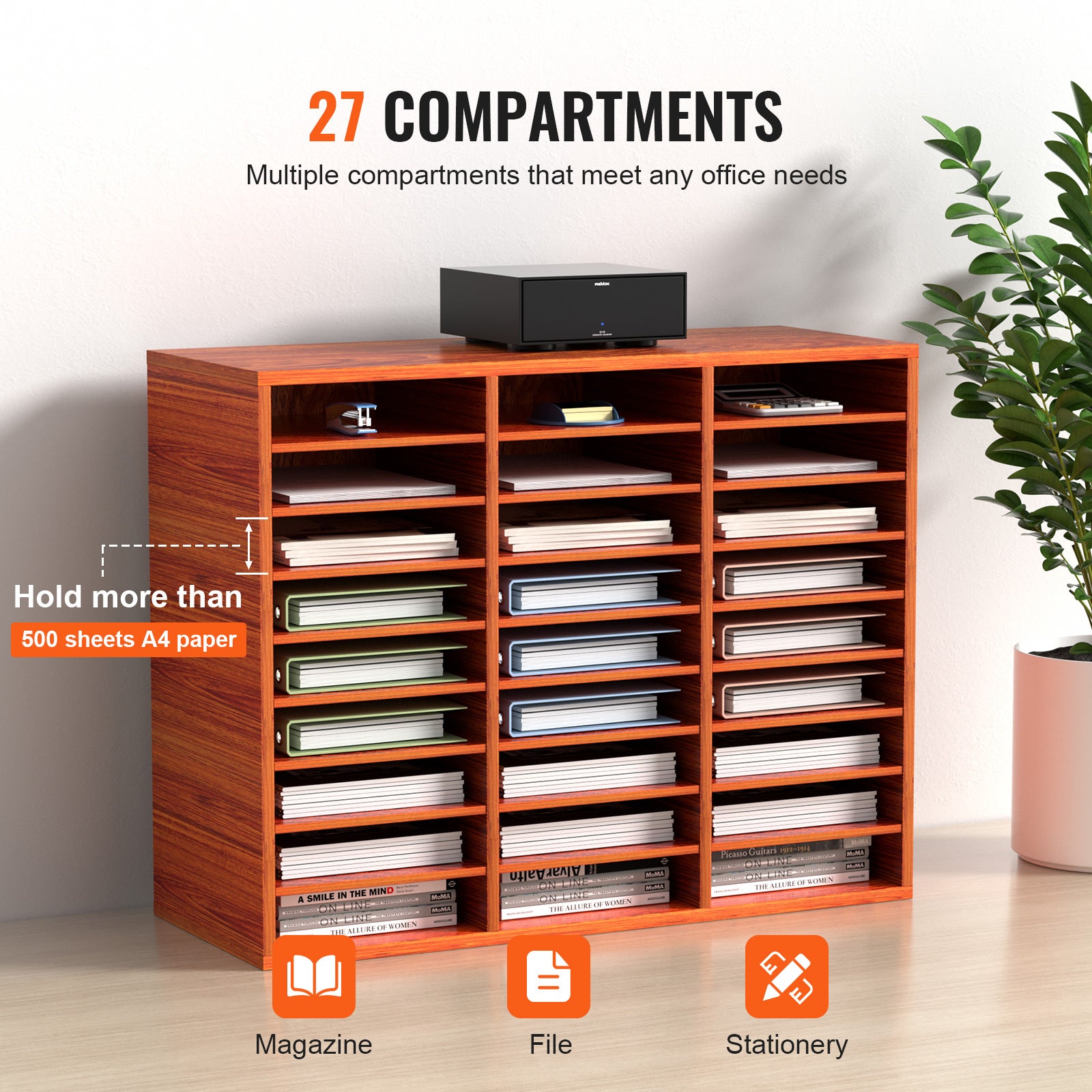 Organisateur Bureau VEVOR 80x30,5x63 cm,Trieur à 27 Compartiments,Étagères Amovibles,Classeur MDF,pour Papiers,Magazines Bureau,Marron - 4