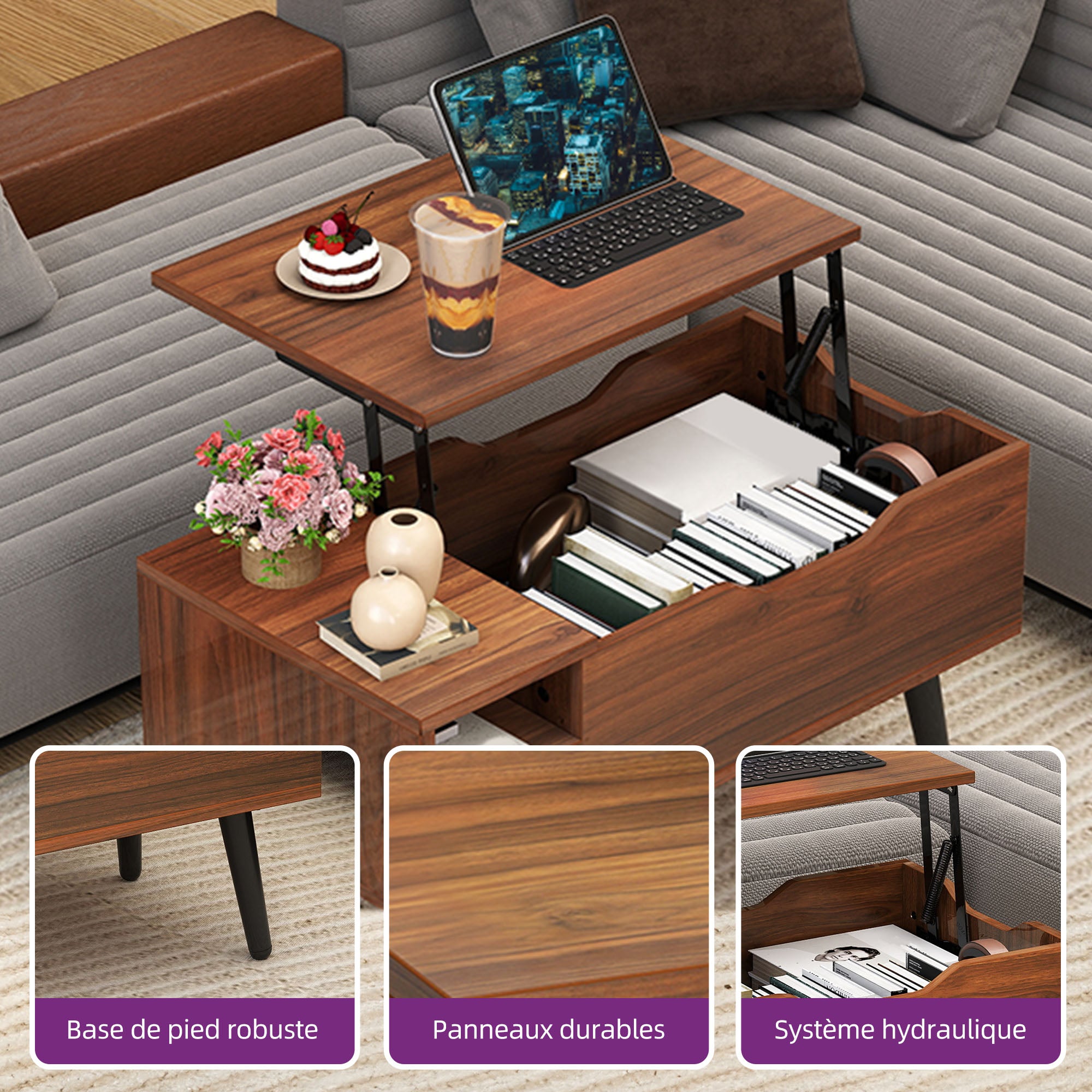 Balconera Table basse Plateau Relevable - 80 x 40 x 61,5 cm- Noyer - 7