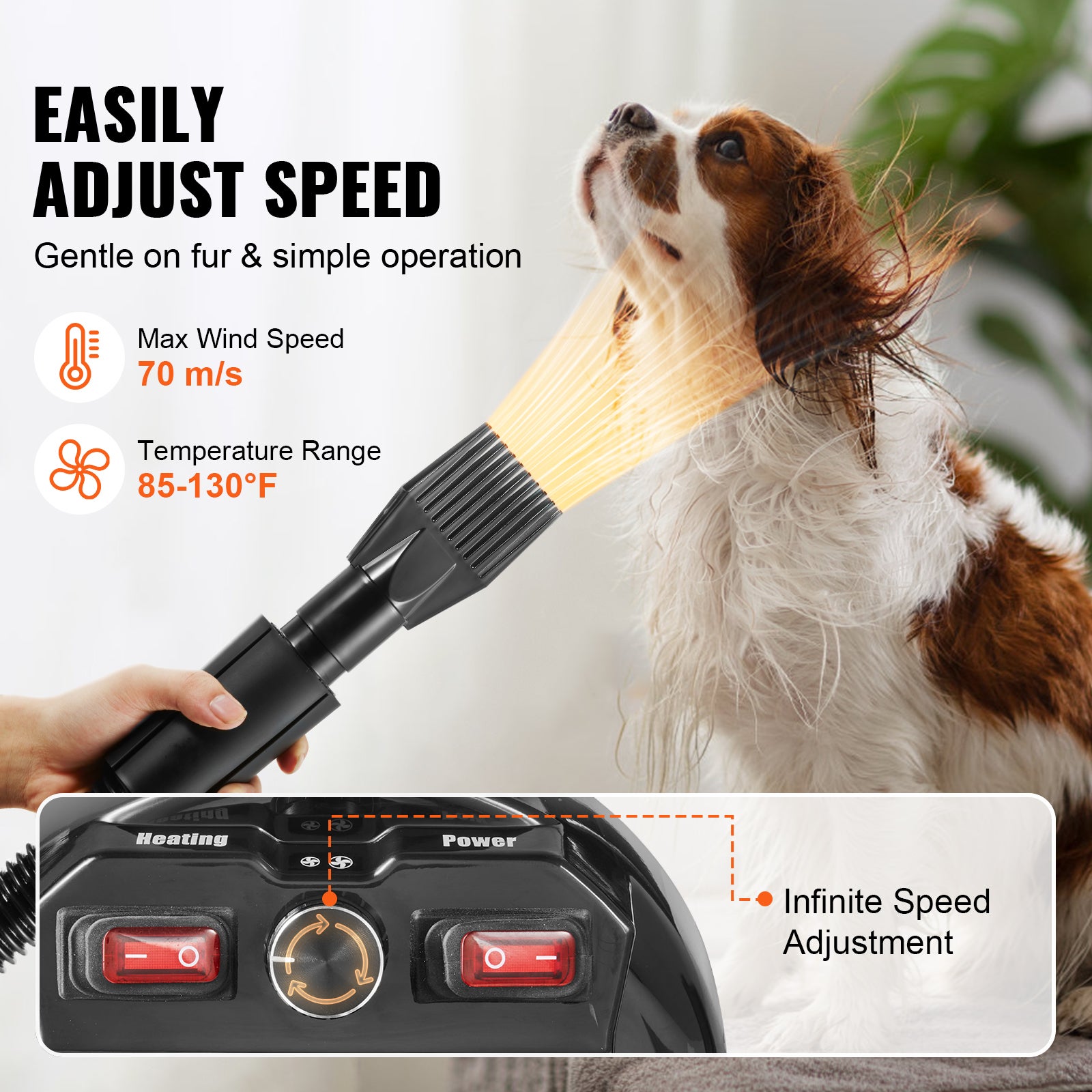 Secador de tosa para cachorro 2000W,SucceBuy secador de tosa 2,7 CV com velocidade e temperatura ajustáveis,4 bicos,mangueira expansível,preto - 6