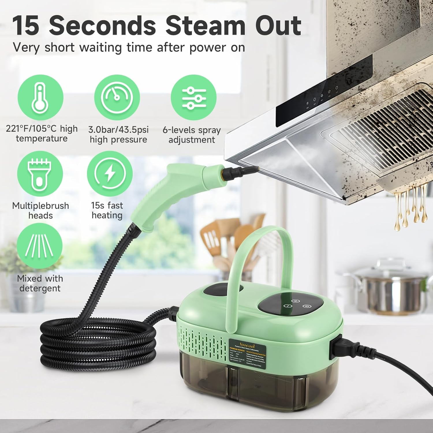 Limpiador a vapor de alta presión de 2500 W con cabezales de cepillo, tanque de agua de 1 L, 6 configuraciones de velocidad, para limpieza del hogar - 2