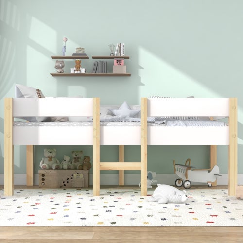 Letto A Castello 90x200 Cm Con Tetto E Scaffale - Bianco+Blu Per Bambini