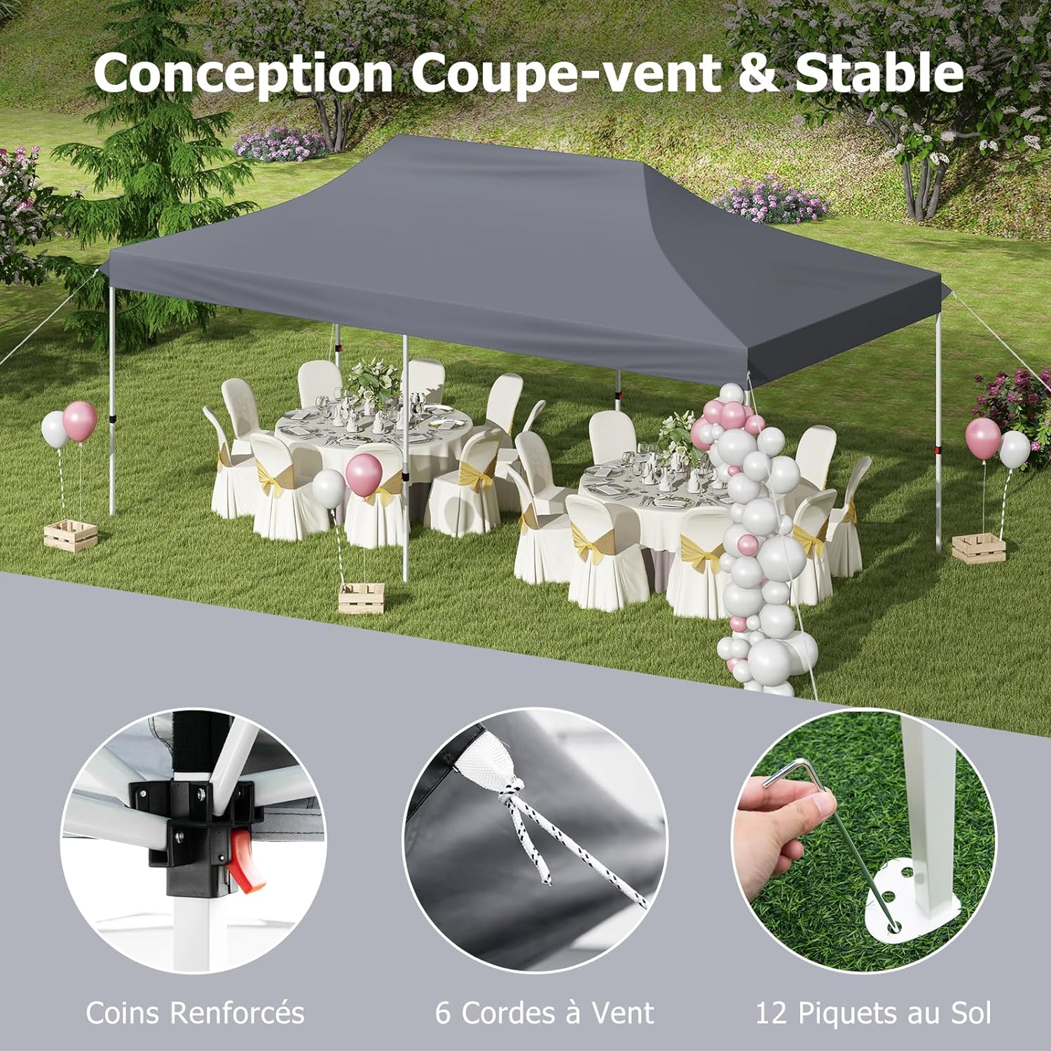 Tonnelle Jardin 3x6M Pop-Up Pliable, Hauteur Réglable, Sac de Transport, 6 Sacs de Sable, Pavillon Portable pour Fête, Mariage, Gris - 7
